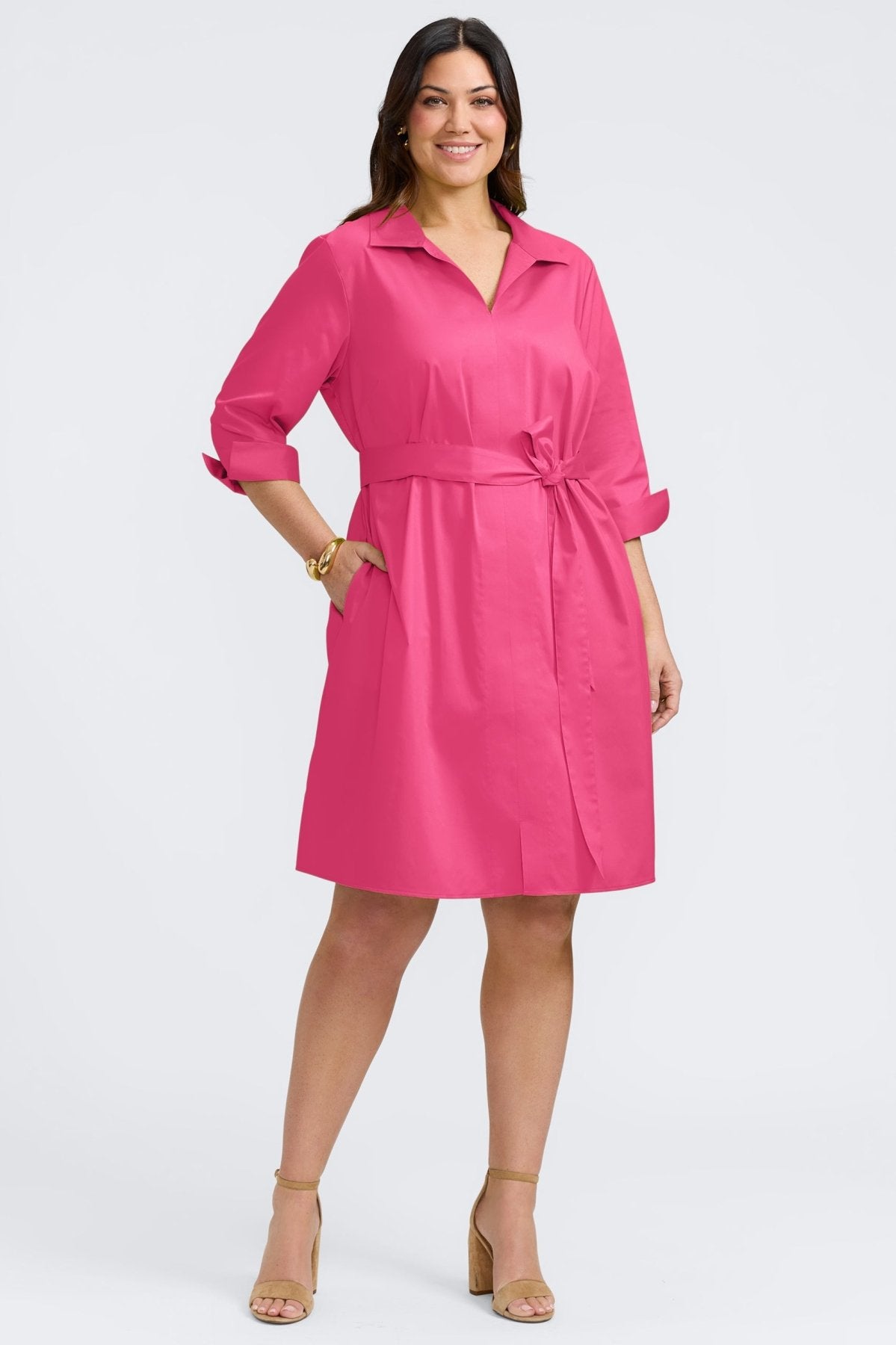 Agnes Plus No Iron Stretch Matte Sateen 3/4 Sleeve Dress for Women - Wrinkle-Free Comfortable Office & Party Wear