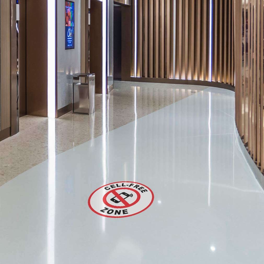 Anti-Slip Round Cell Phone Floor Decals - 36 Inch Free Zone Signs in Black & Red for Retail Stores, Warehouses & Industrial Areas (Non-Slip Mobile Device Safety Stickers)