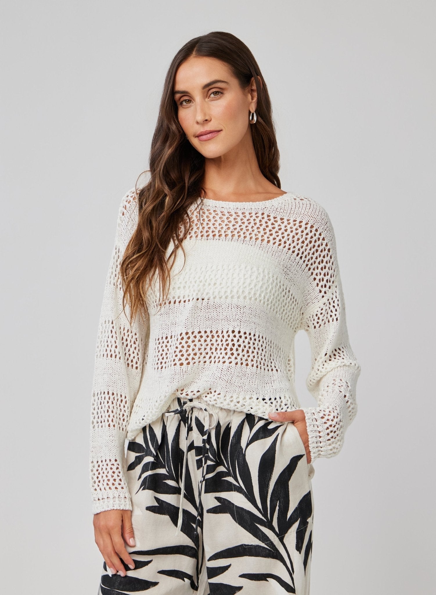 Open Knit Stripe Crewneck Sweater for Women - Soft White Cotton Pullover for Casual Wear, Fall & Winter Fashion, Office & Weekend Outfits