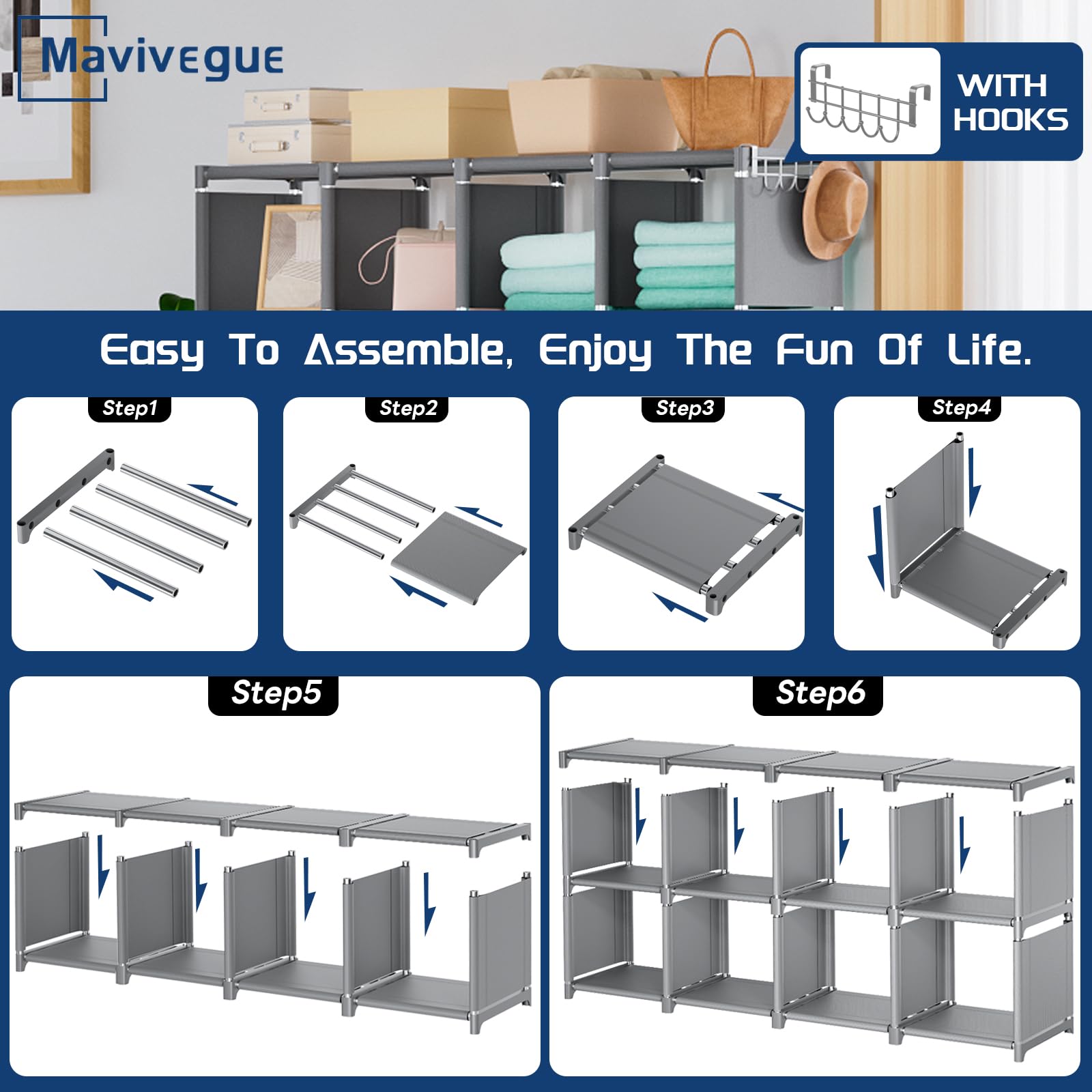 16 Cube Storage Organizer - DIY Metal Bookcase Shelf for Bedroom, Living Room, Office & Closet | Grey Cubicle Storage Rack for Books, Toys, Decor & More | Space-Saving Home Organization Solution