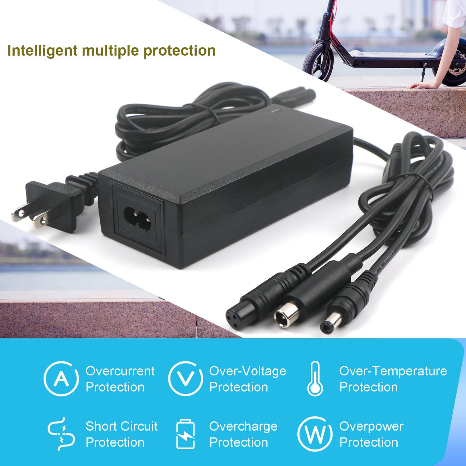 42V 2A Lithium Battery Charger with 3-Prong Plug - 5.5x2.5mm & 8.0x1.6mm DC Connectors - Power Adapter for 36V 2A Li-ion Batteries - Ideal for E-Bikes, Scooters, Power Tools and Outdoor Equipment