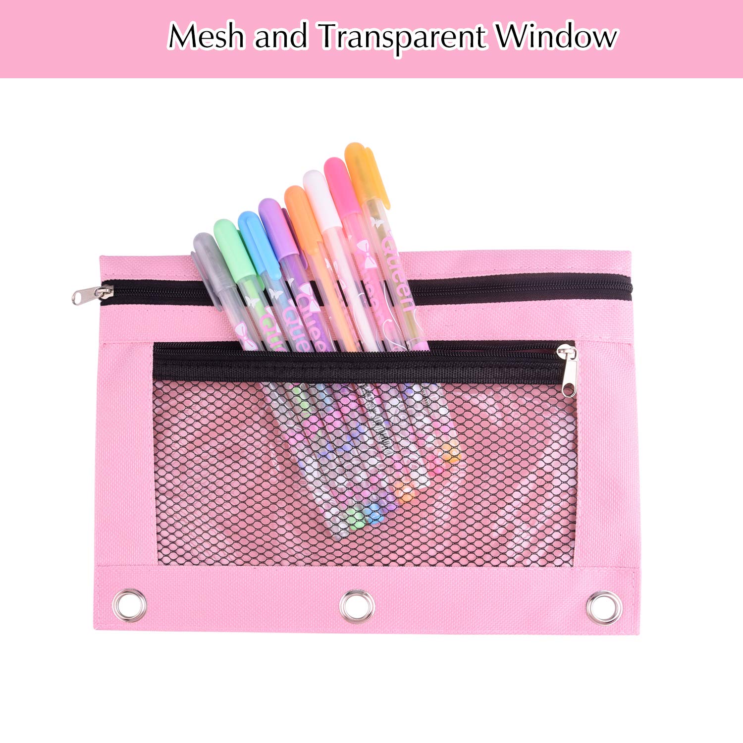 FEPITO 3-Pack 3-Ring Binder Pencil Pouch with Zipper & Double Pocket - Mesh Window Pencil Case for School, Office & College Supplies - Perfect for Binders, Notebooks & Backpack Organization