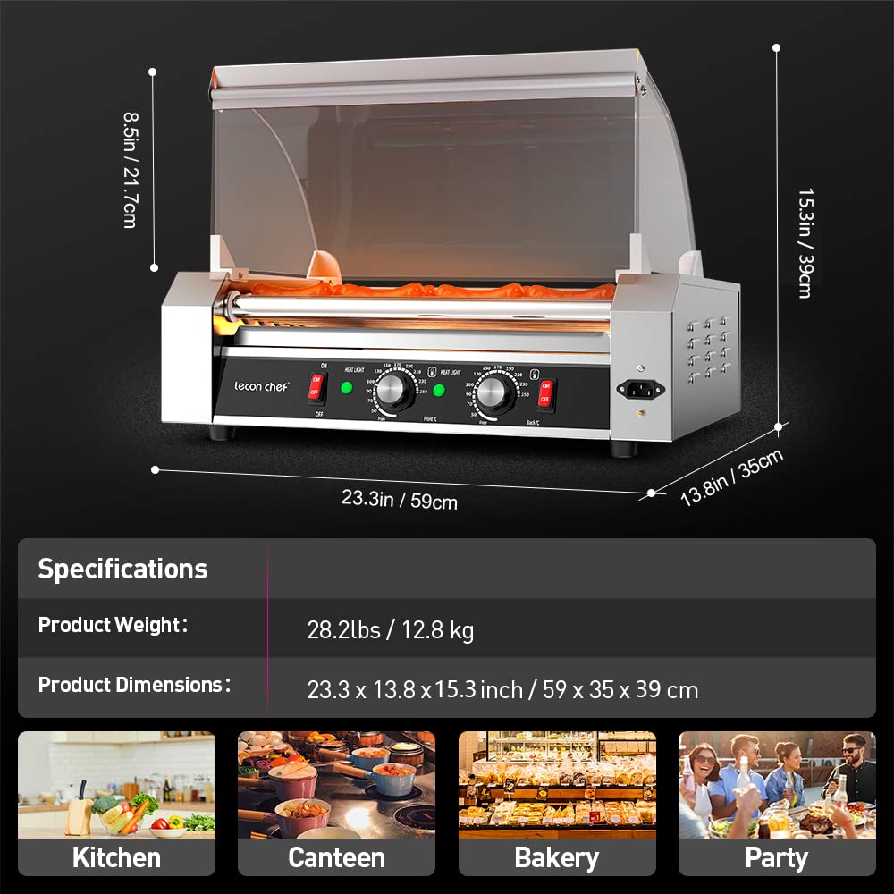 Leconchef Commercial Electric Hot Dog Roller Machine - 7 Roller Stainless Steel Grill with Dual Temperature Control, Detachable Glass Cover & LED Display - Perfect for Restaurants, Food Trucks, and Convenience Stores