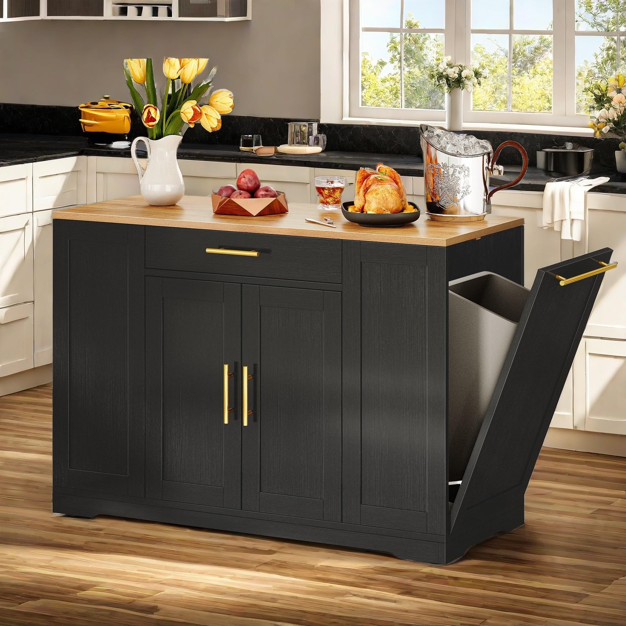 DWVO 53-Inch Large Kitchen Island with Storage & Seating - Rolling Cart with Trash Can Cabinet for 13 Gallon Bin - Portable Wheeled Kitchen Island Table for Small Spaces (Black) - Perfect for Meal Prep, Entertaining & Extra Counter Space