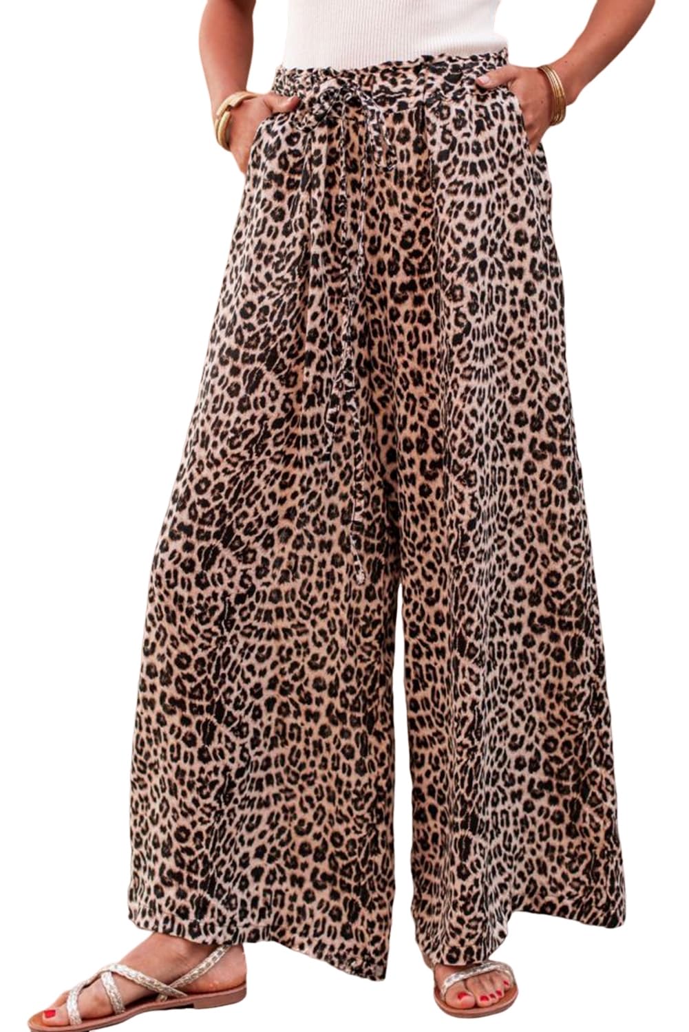 Boho Leopard Print Wide Leg Pants for Women - High Waist Casual Palazzo Pants with Desert Palm Design | Perfect for Beach Vacations, Music Festivals & Boho Chic Outfits