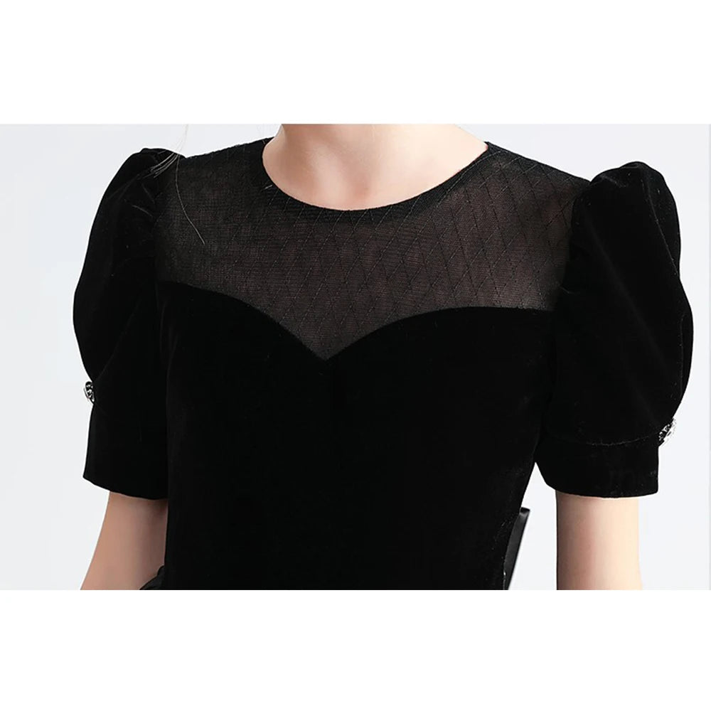 Black Puff Sleeve Girls Corduroy Tulle Party Dress - Elegant Holiday Outfit for Birthday, Christmas & Special Occasions