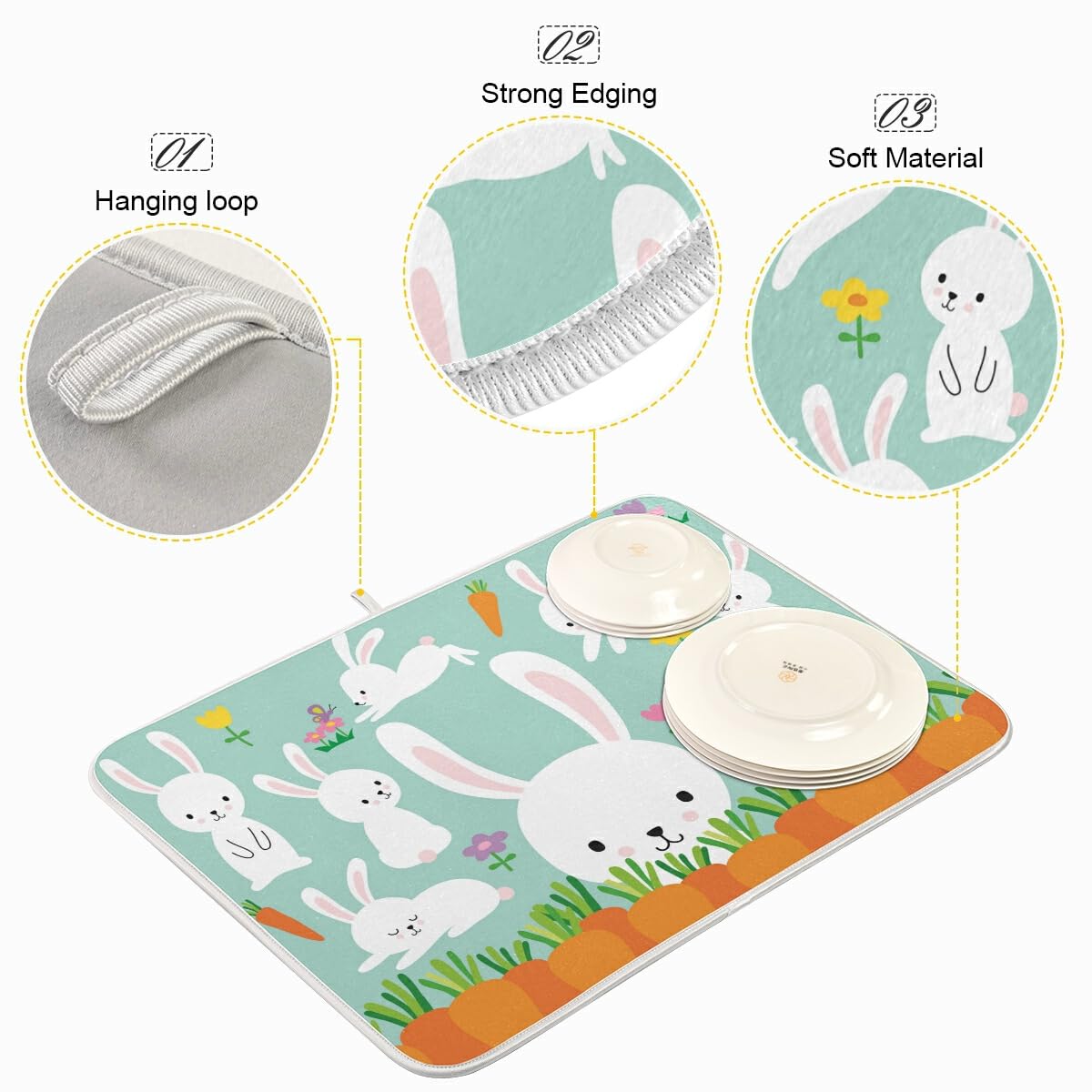 Easter Bunny Rabbit Flowers Dish Drying Mat - Absorbent Large Kitchen Drying Pad (18