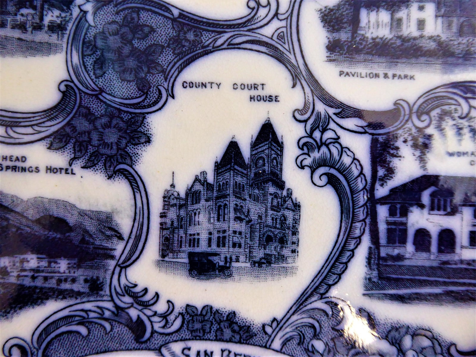 Antique English Flow Blue Transferware Plate - San Bernardino California 1890s Victorian Style for Home Decor & Collectibles