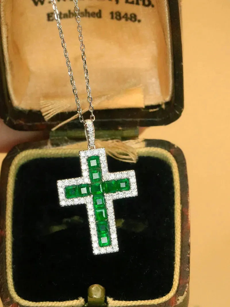 18K White Gold Diamond Cross Pendant Necklace for Women with Genuine Emerald Gemstone - Elegant Jewelry Gift for Christmas, Birthday & Special Occasions