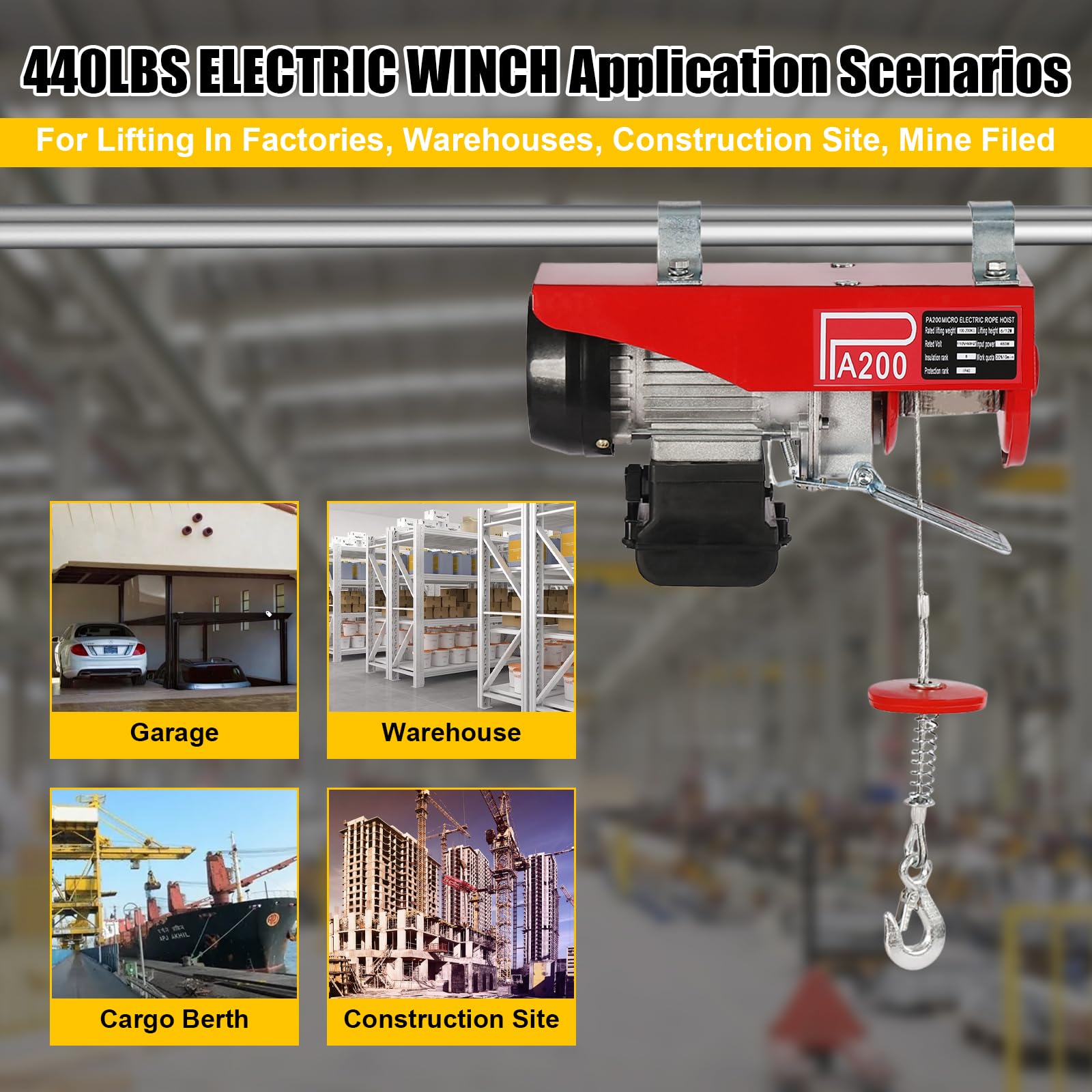 440LBS Electric Hoist with Wired Remote Control - Single/Double Slings Electric Winch for Attic, Warehouse & Construction - 110V Steel Electric Lift for Factories, Garages & Home Use