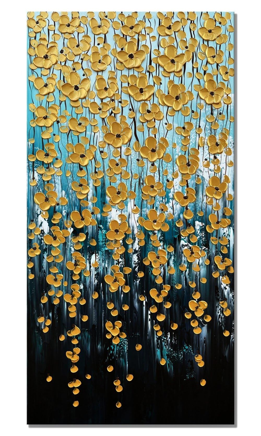 Zoinart 3D Modern Oil Painting on Canvas 24x48 Inches - Hand Painted Abstract Gold Floral Artwork with Texture - Vertical Contemporary Wall Art for Living Room, Bedroom & Office Decor