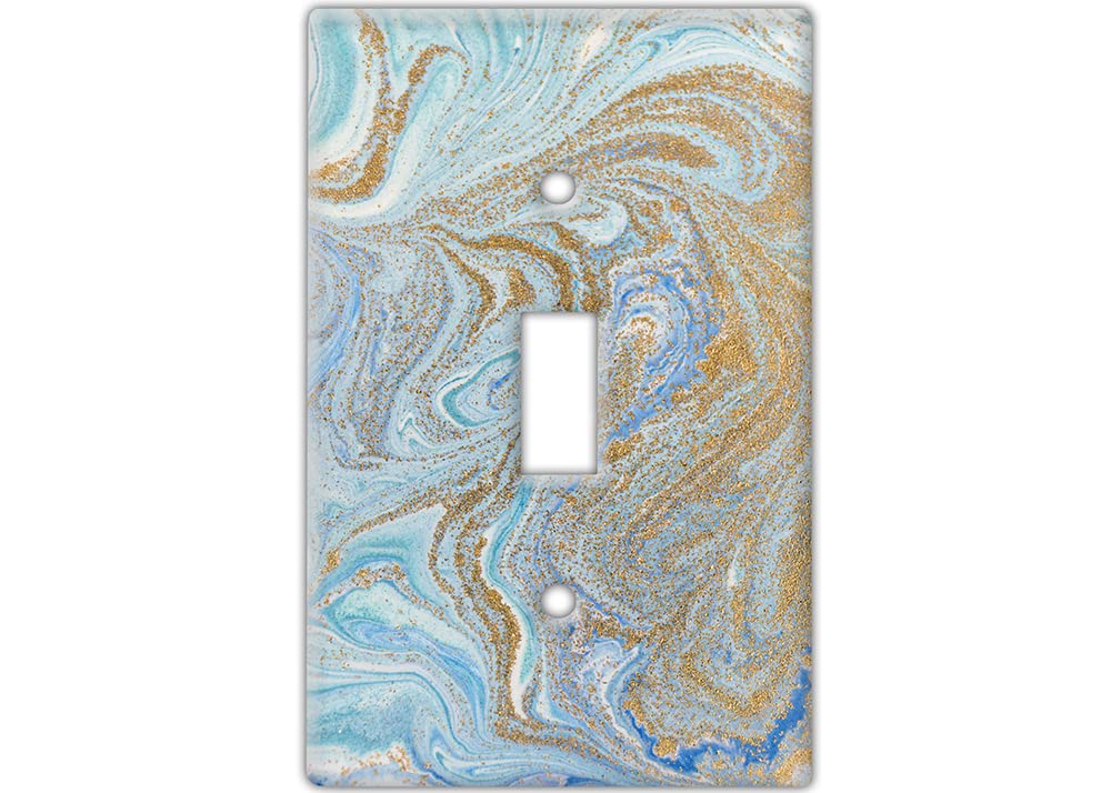Aqua and Gold Marble Decorative Wall Switch Cover Plate - Single Toggle Switch Cover in Subtle Blue, White & Gold - Perfect for Home, Office, and Hotel Decor