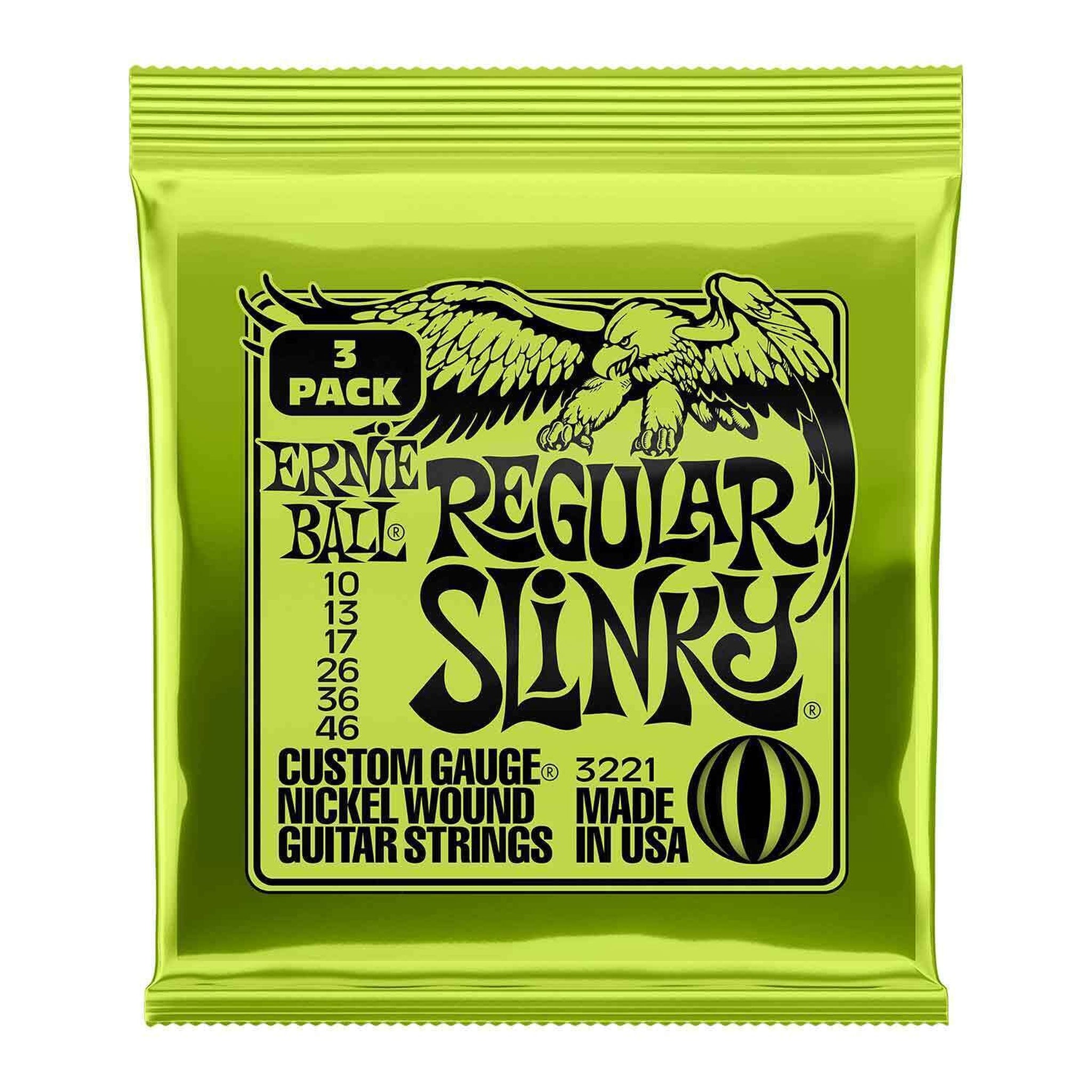 Ernie Ball Regular Slinky Electric Guitar Strings 3-Pack (10-46 Gauge) - Perfect for Rock, Blues & Studio Recording