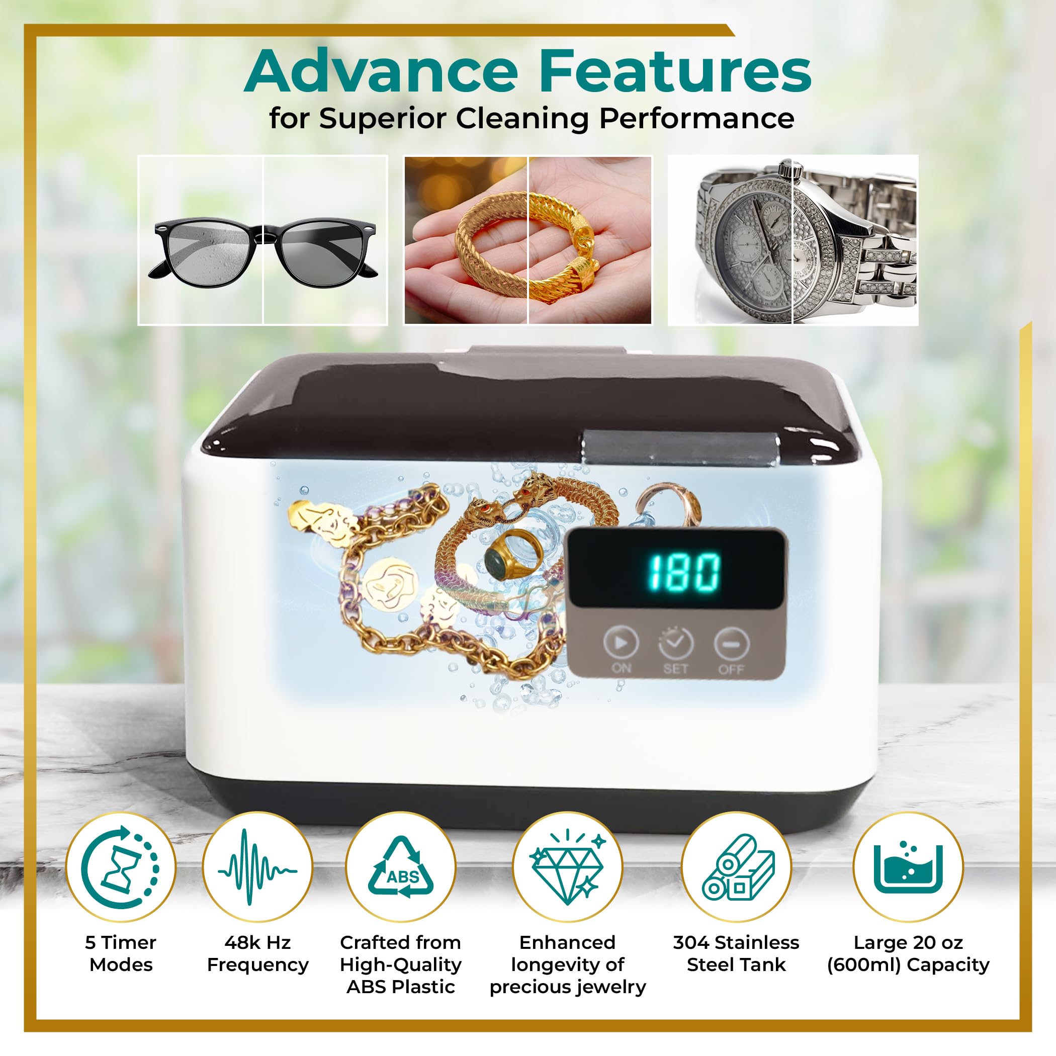 **Ultrasonic Jewelry Cleaner Machine 600ml (20oz) with 5 Digital Timer Modes – Professional Jewelry & Eyewear Cleaner for Rings, Necklaces, Glasses – Restores Shine & Removes Dirt – Perfect for Home, Travel & Gifts**