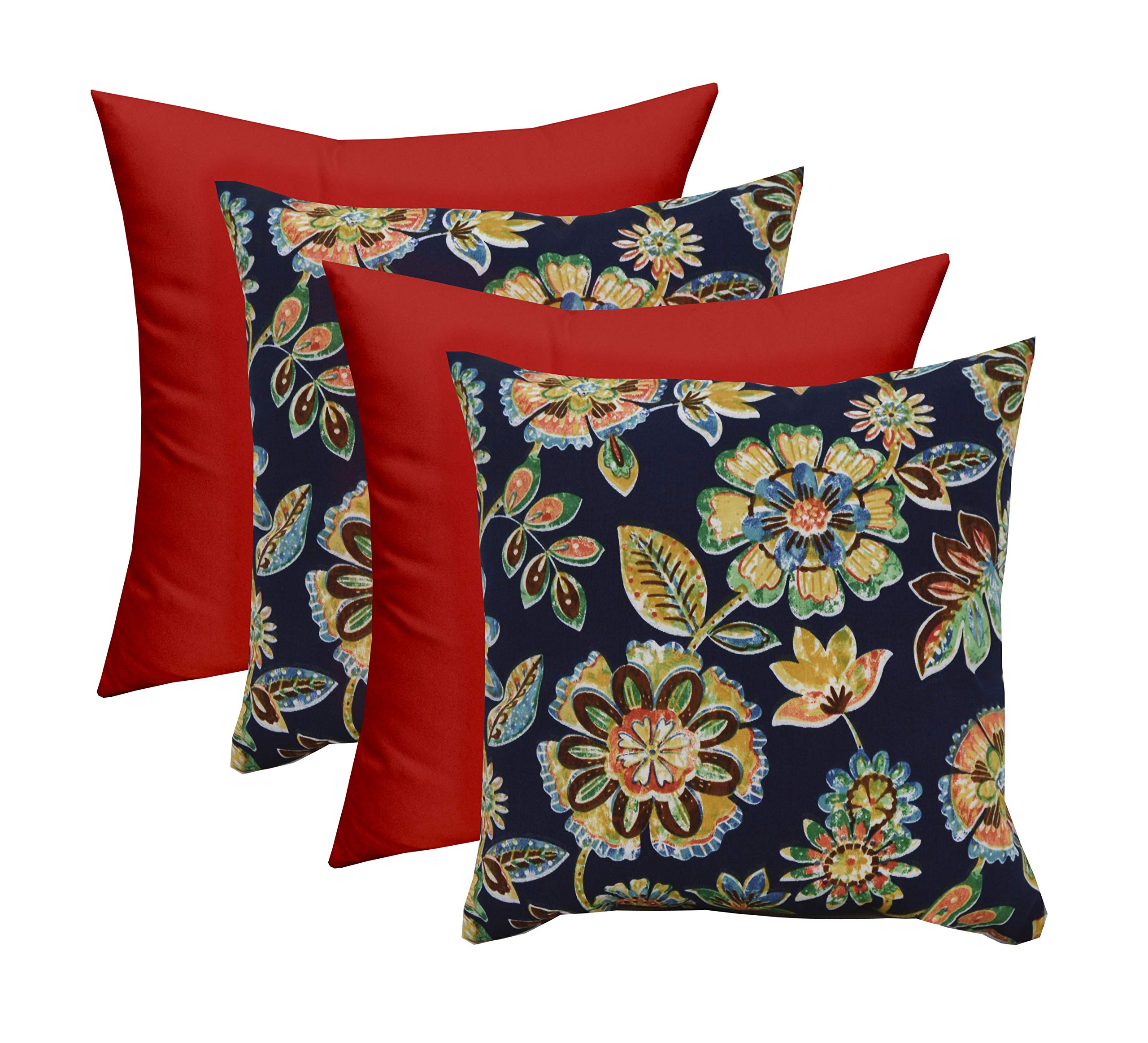 RSH DECOR Set of 4 Square Throw Pillows 17x17 Inch - All Weather Indoor Outdoor Decorative Reversible Pillow Covers for Patio Furniture, Sofa, Couch, Bed - Daelyn Navy + Red - Perfect for Living Room, Porch & Garden Decor