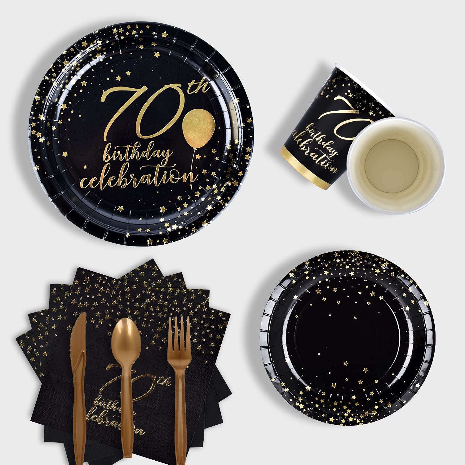 Gatherfun 70th Birthday Party Supplies Set - 25-Pack Disposable Paper Plates, Napkins, Cups, Cutlery & Tablecloth with Black & Gold Number 70 Balloons & Banner - Elegant 70th Birthday Decorations for Men & Women - Perfect for Milestone Celebrations & Retirement Parties