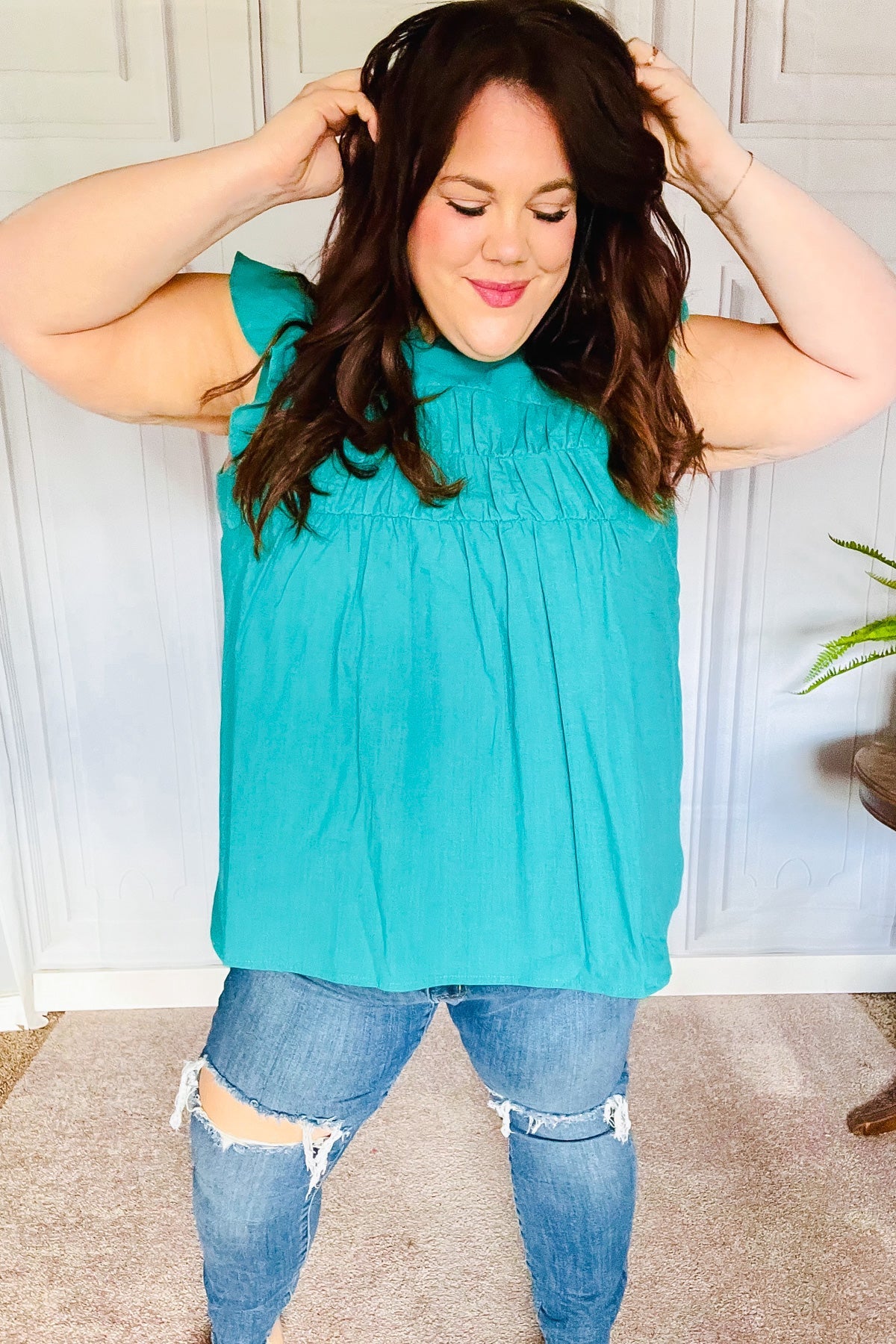 Stylish Turquoise Cotton Mock Neck Flutter Sleeve Blouse with Frill Details - Perfect for Date Nights, Office Wear & Summer Outfits