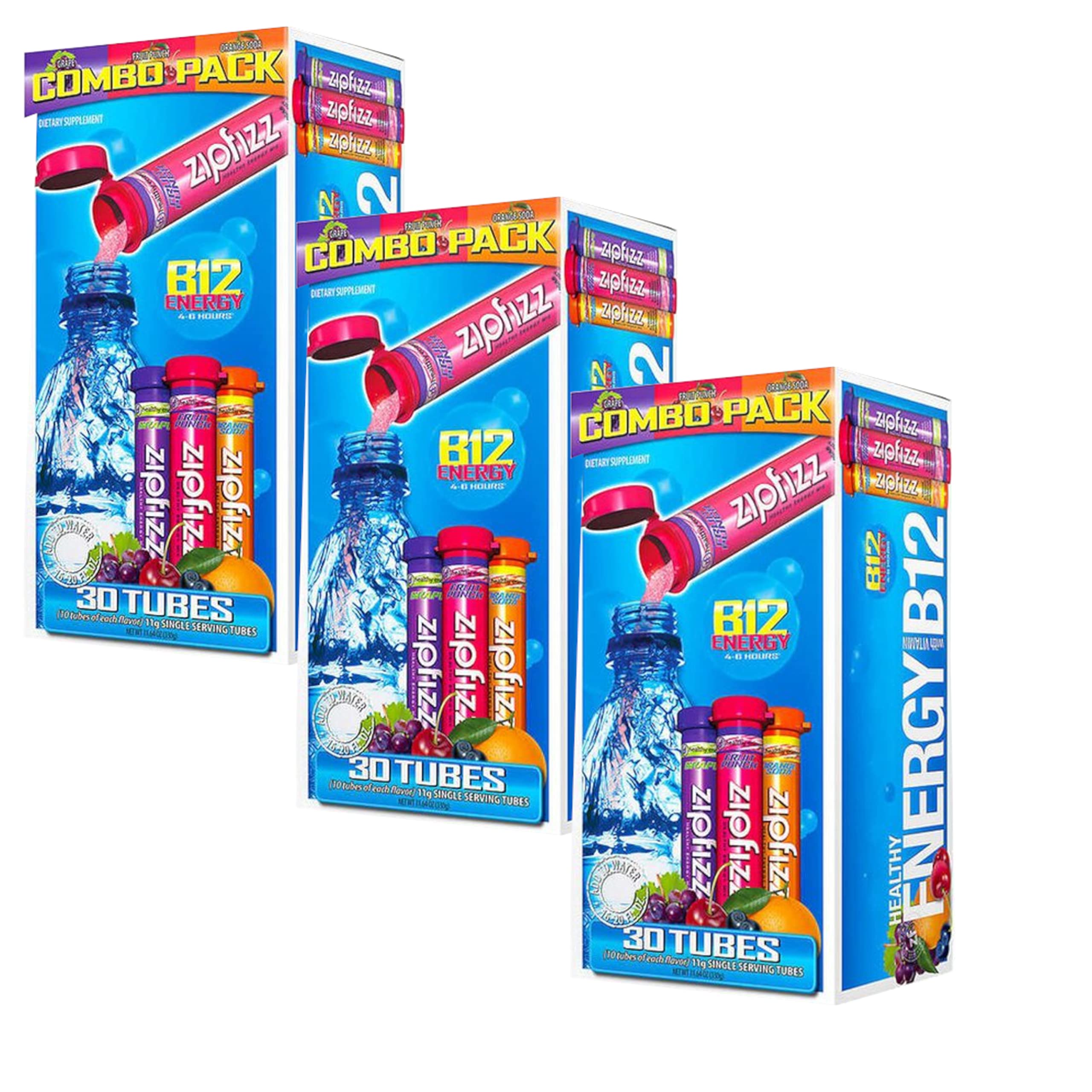 Zipfizz Healthy Energy Drink Mix with B12 & Multivitamins - Grape, Fruit Punch, Orange Soda Variety Pack (30 Tubes, 3-Pack) | Hydrating Electrolyte Boost for Workouts, Travel & Daily Energy