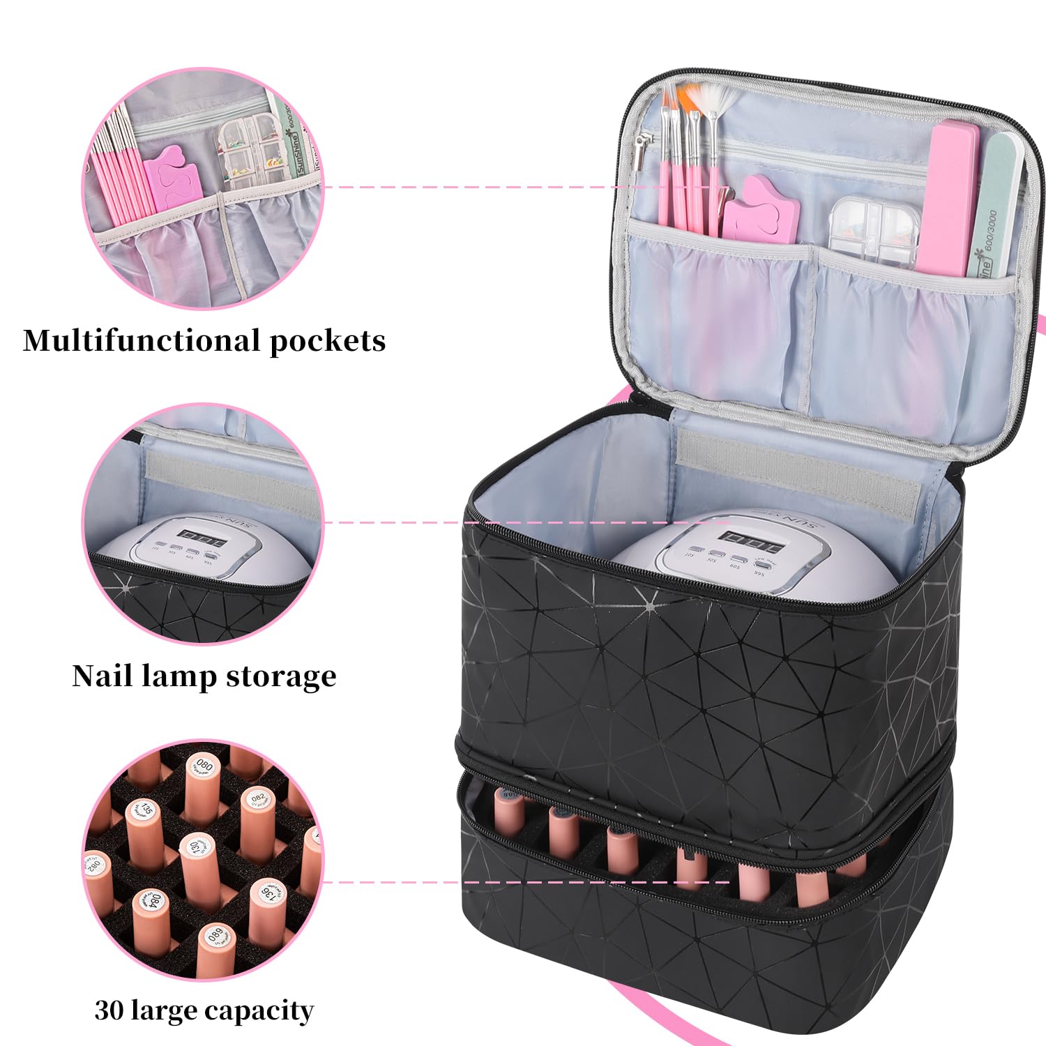 30 Bottle Nail Polish Organizer Bag with Nail Lamp - Double Layer PU Leather Travel Storage Case for Manicure Set | Portable for Salon, Home & Travel Use (Black)