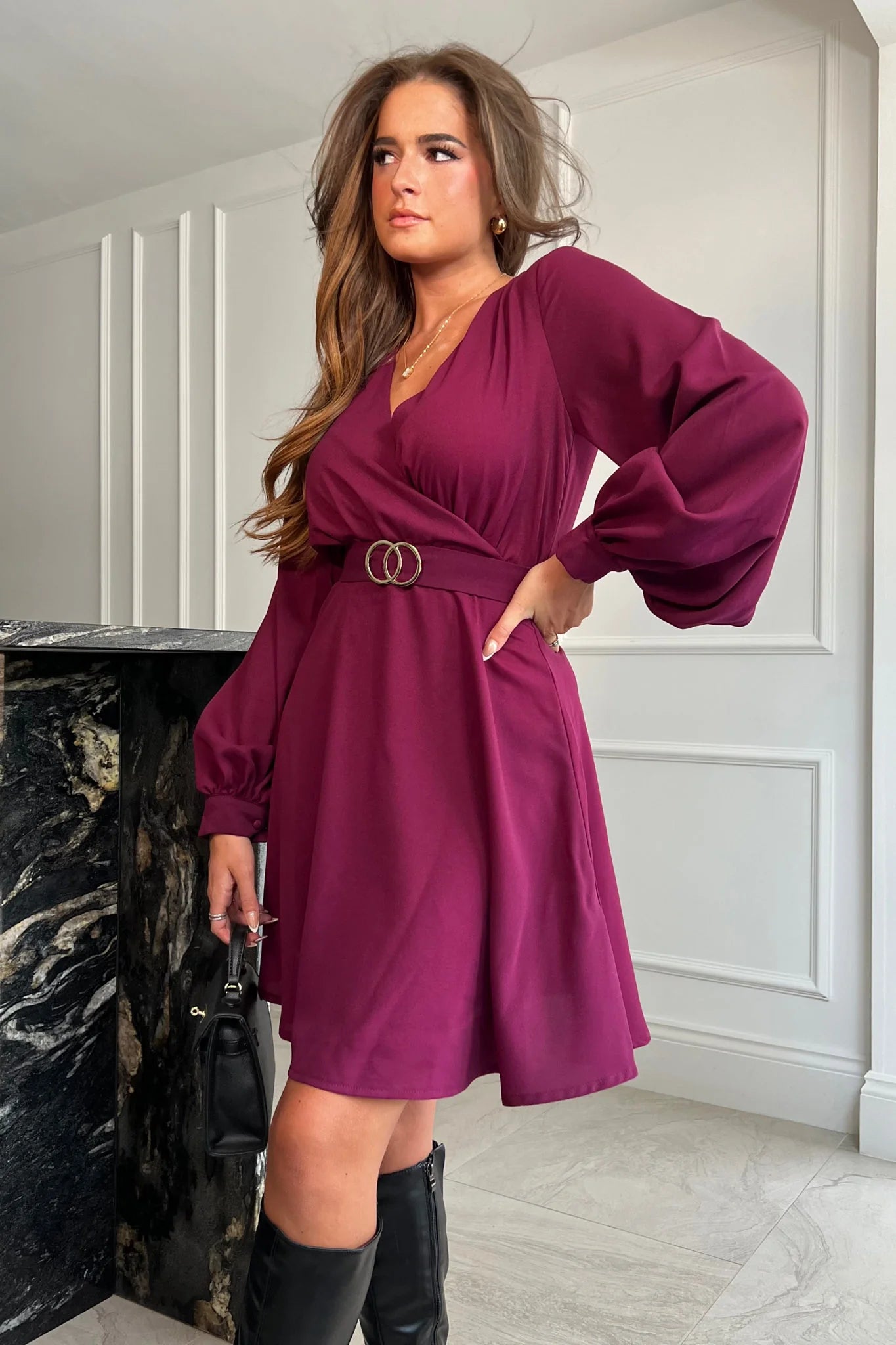 Floretta Long Sleeve Buckle Skater Dress for Women - Stretchy A-Line Swing Dress in Berry Red - Perfect for Casual Wear, Date Nights & Office Outfits