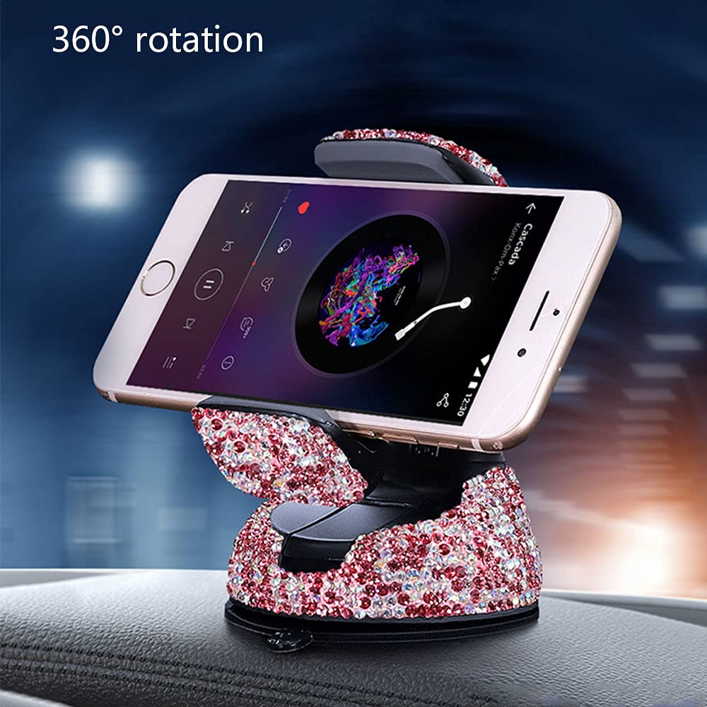 Shiny Rhinestone Car Phone Holder Stand - Pink/Red Dashboard & Air Vent Mount for Women | Perfect for Hands-Free Calling, GPS Navigation & Safe Driving