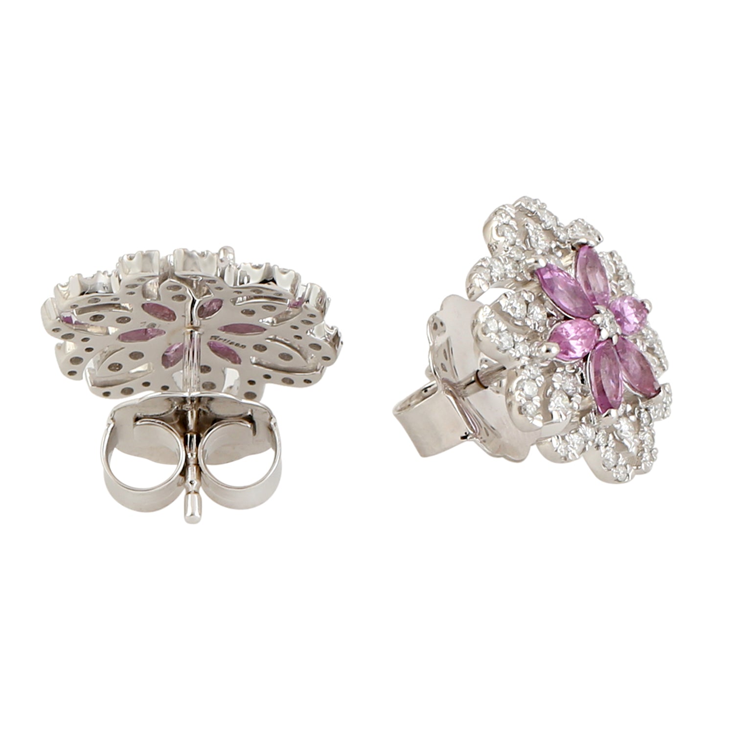 18k White Gold Marquise Pink Sapphire Pave Diamond Floral Stud Earrings | Elegant Jewelry for Weddings, Anniversaries & Special Occasions