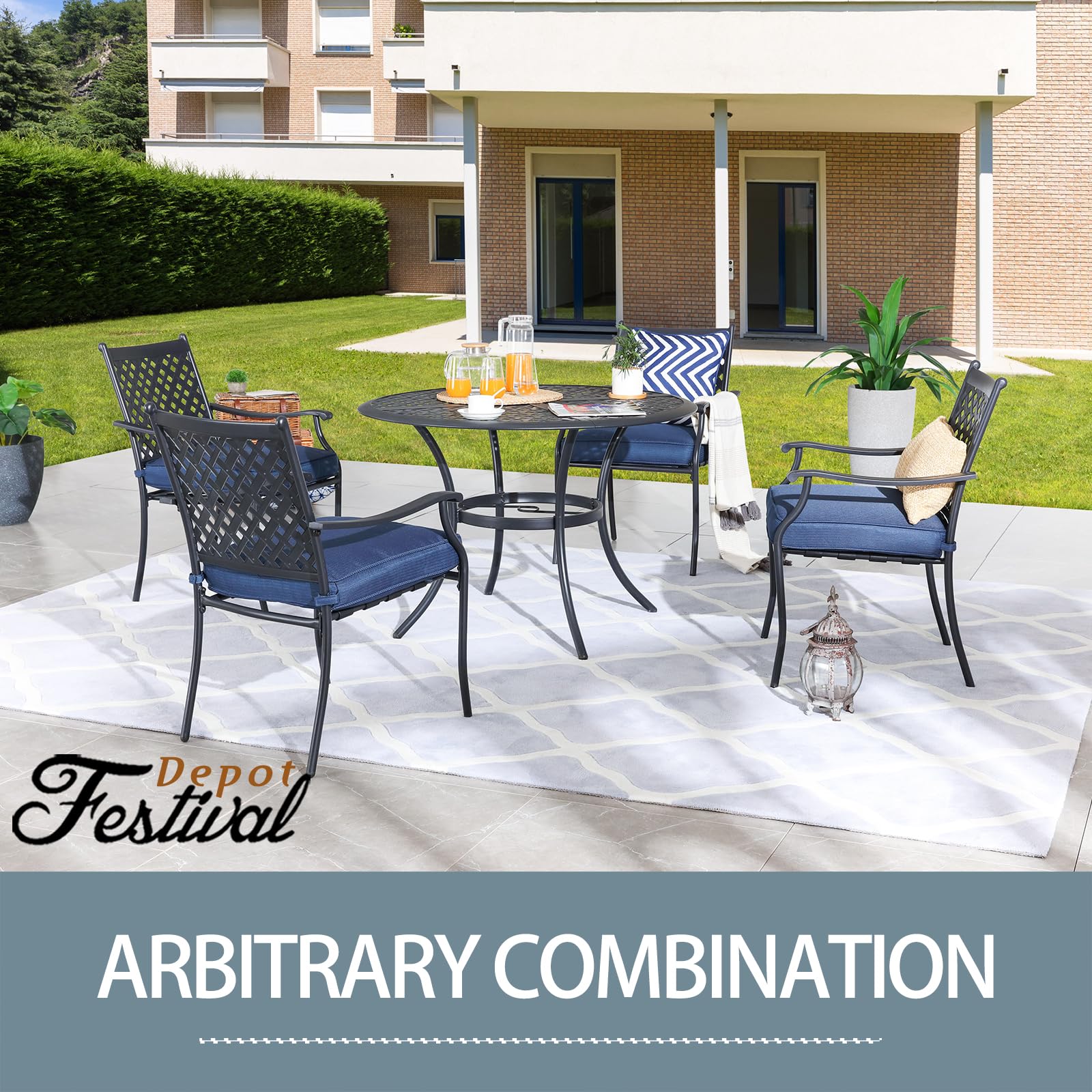 5-Piece Patio Dining Set - 4 Wrought Iron Armchairs with Cushions & Round Black Table (2.04
