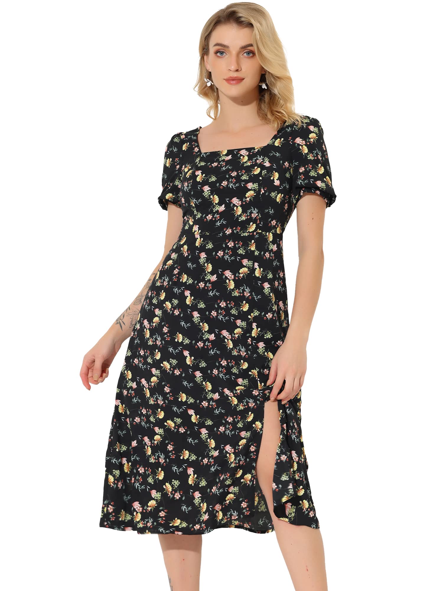 Allegra K Women's Summer Floral Print Square Neck Puff Sleeve Midi Dress with Side Slit - Casual Beach Wear, Garden Party & Date Night Outfit