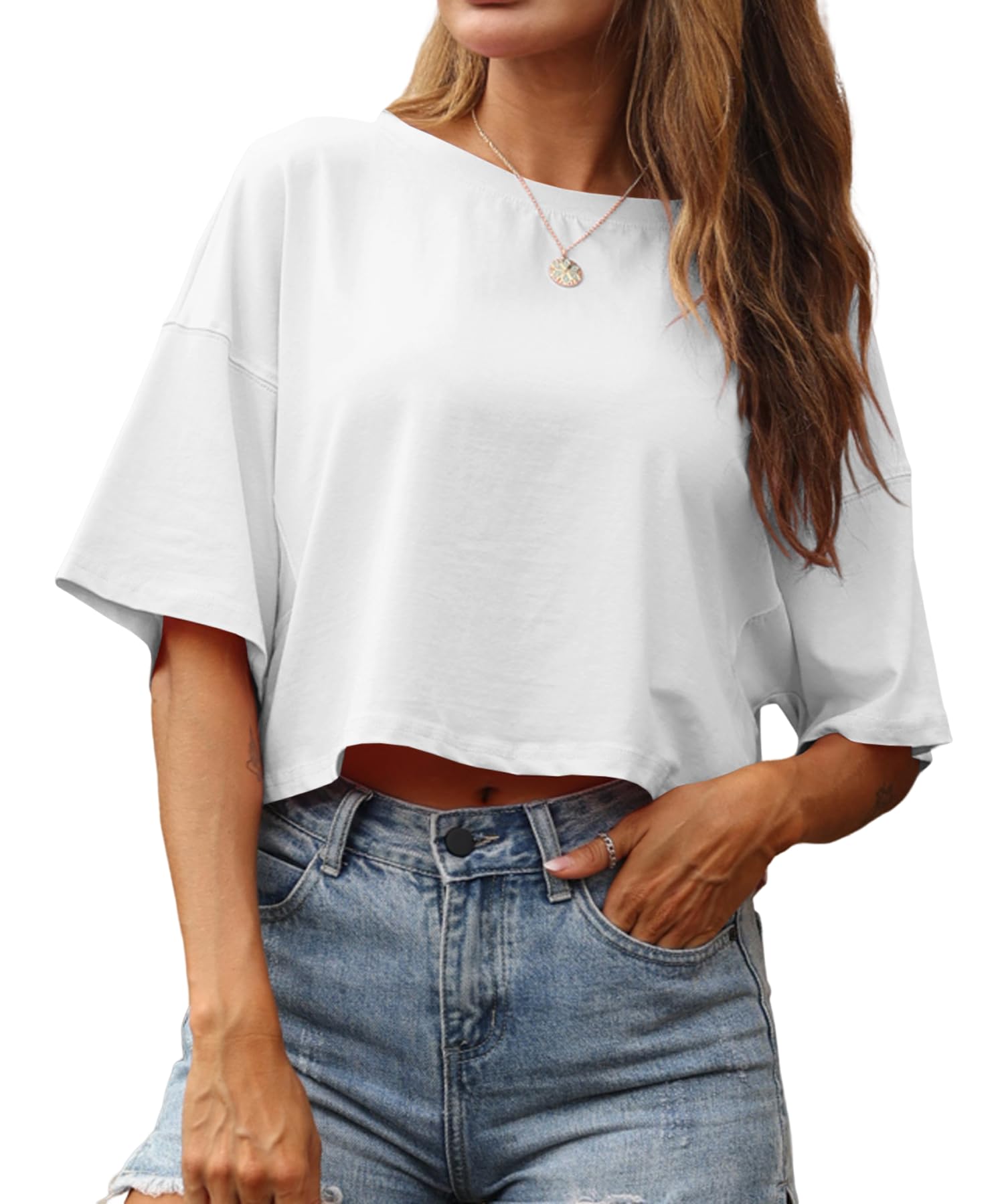 **Danedvi Women's Half Sleeve Cropped T-Shirt - Drop Shoulder Loose Fit Basic Tee for Casual Wear, Street Style & Summer Outfits**