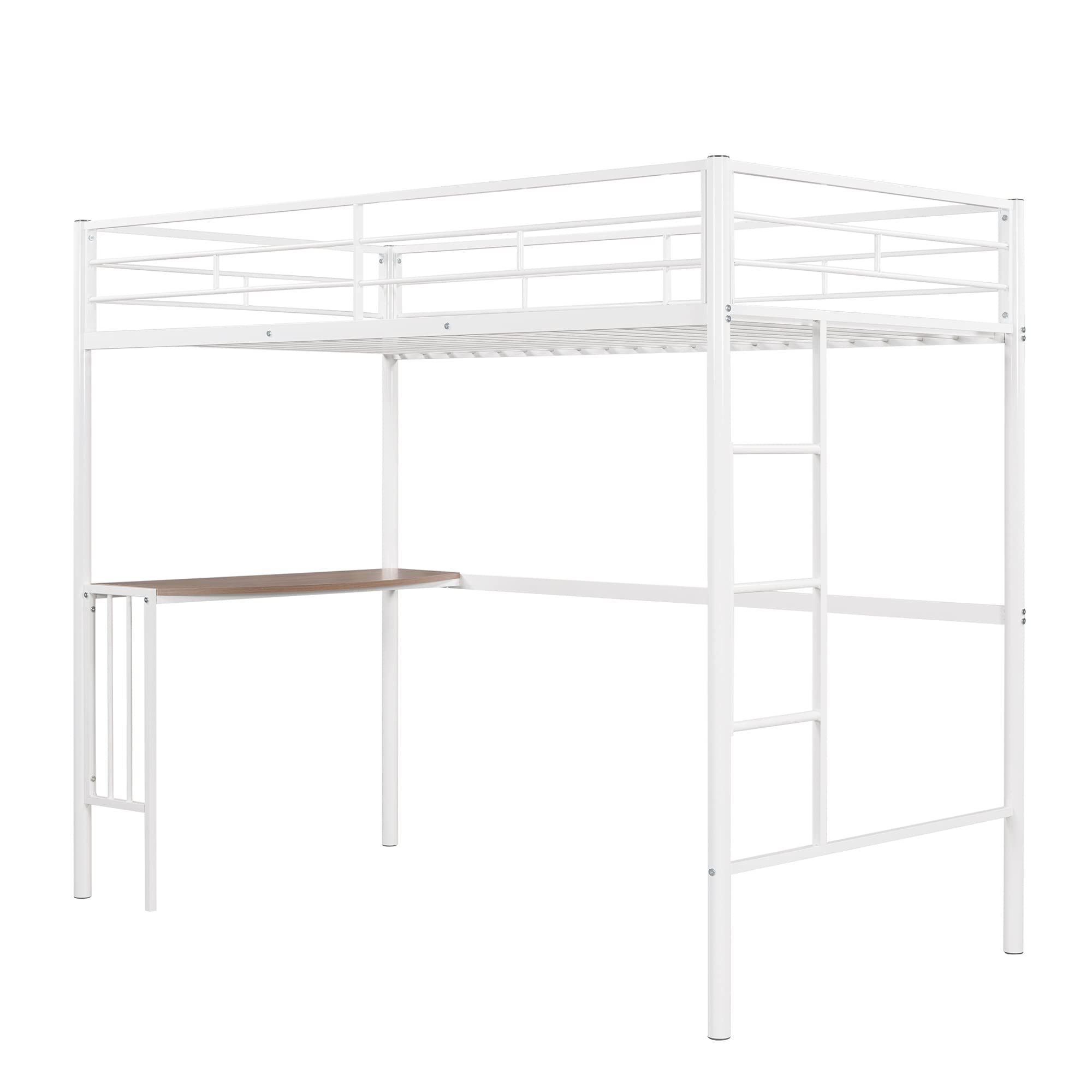Twin Over Full Metal Bunk Bed with Study Desk, Safety Ladder & Reinforced Slats - Space Saving Kids Bedroom Furniture (White) - Perfect for Small Rooms, Shared Kids' Bedrooms & Dormitories