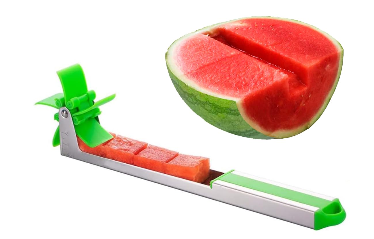 Stainless Steel Watermelon Slicer & Cutter with Windmill Shape - Quick Fruit Cutting Tool & Melon Scoop for Kitchen - Perfect for Summer BBQs, Picnics, and Fruit Platters