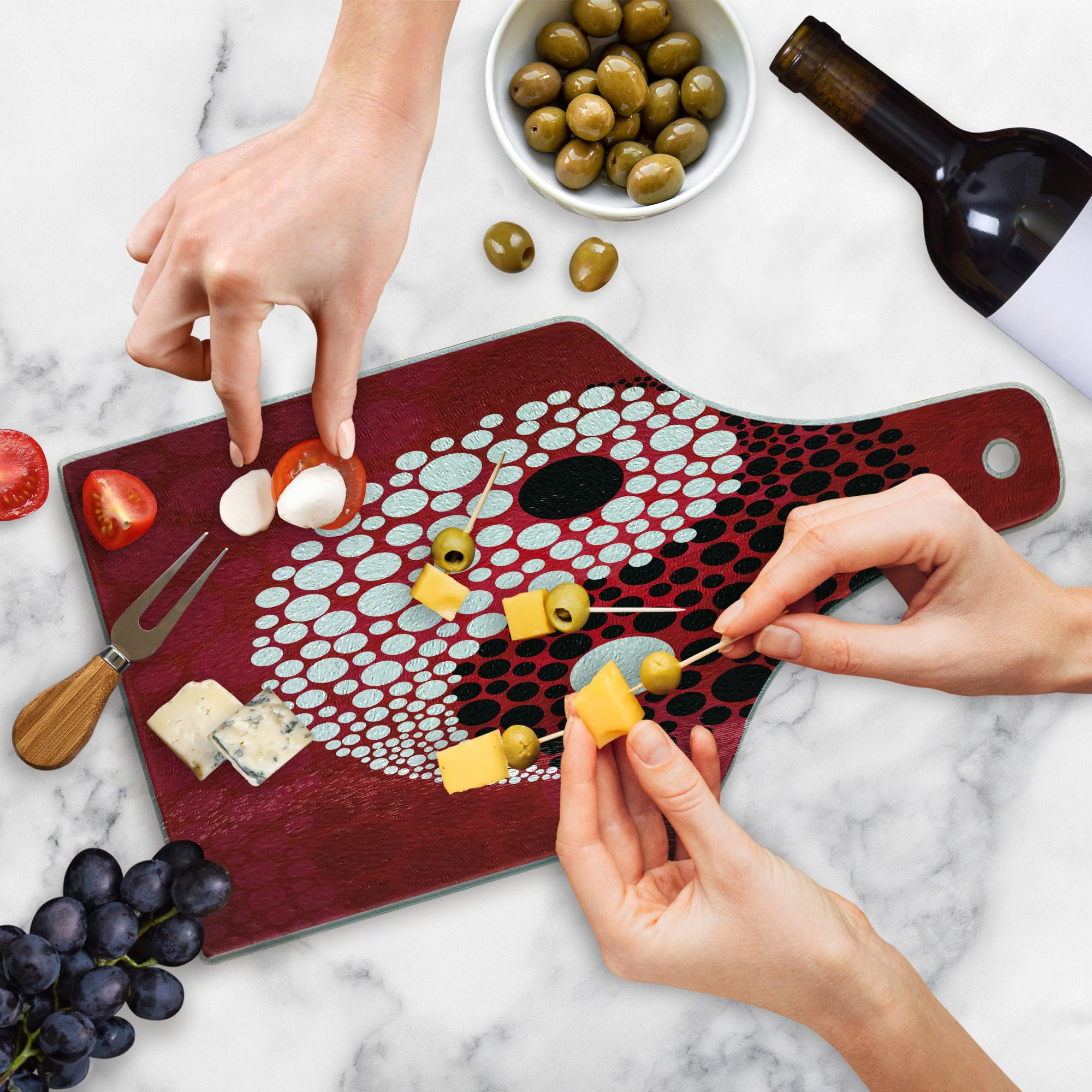 Ambesonne Yin Yang Tempered Glass Cutting Board - Black and White Abstract Design with Dots Pattern for Kitchen & Serving - Wine Bottle Shape Decorative Board for Cheese, Charcuterie & Entertaining