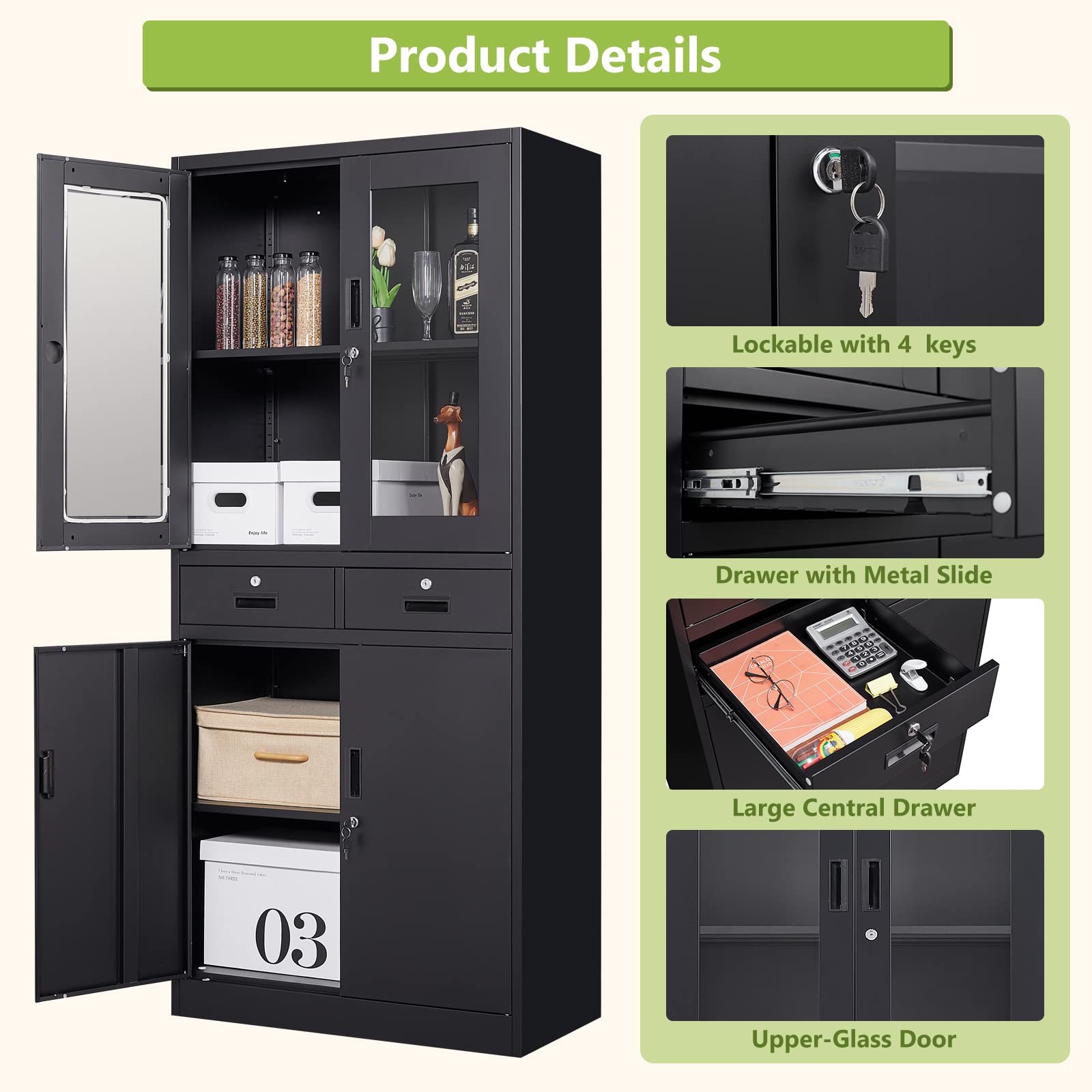 Black Glass Display Cabinet with Lockable Metal Drawers & 2 Adjustable Shelves - 71