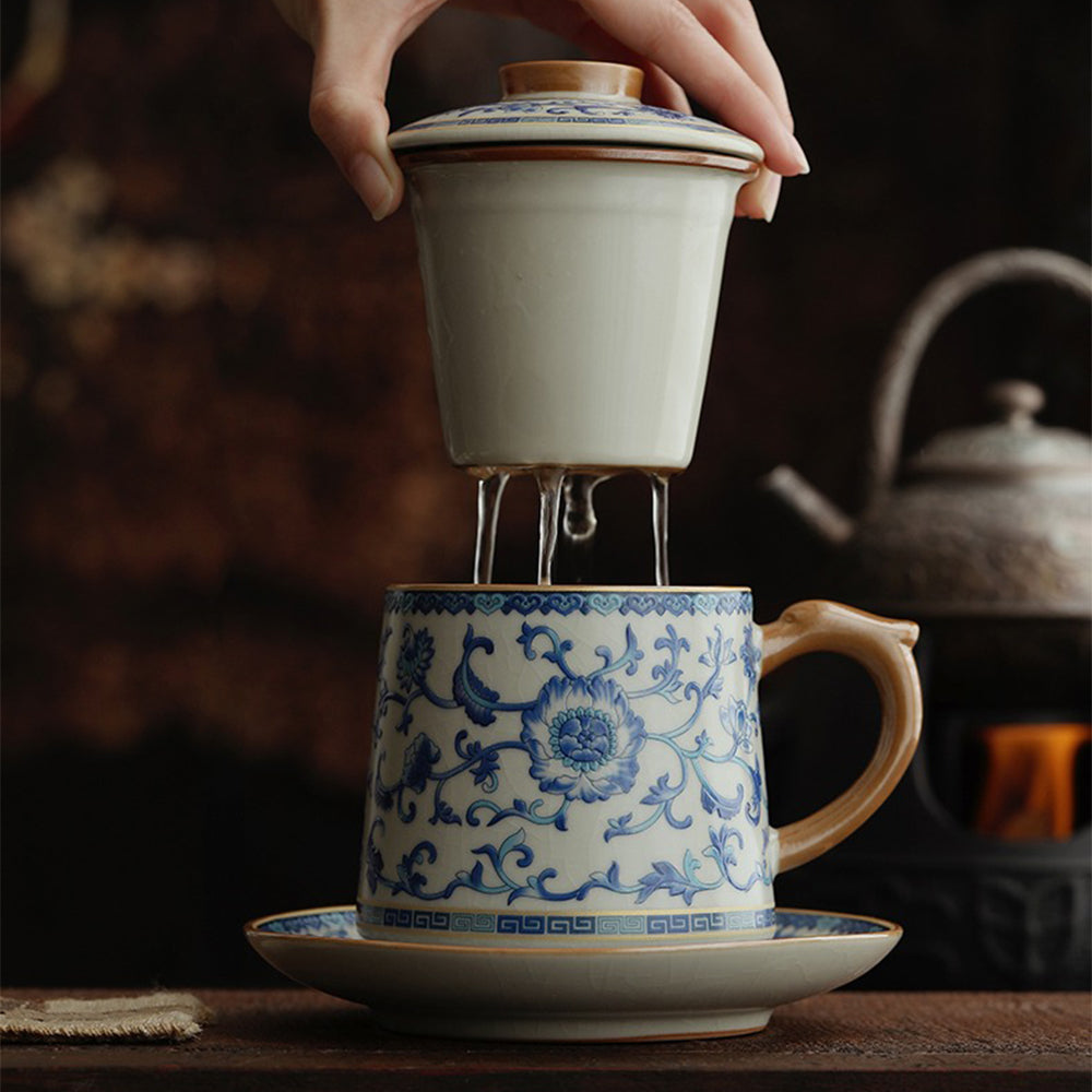 Handmade Blue and White Ruyao Ceramic Tea Cup with Twig Flower Design - Perfect for Chinese Tea Ceremony, Home Decor, and Gift Giving