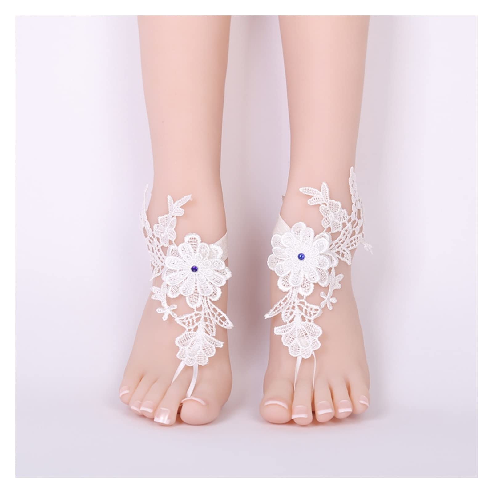 White Lace Embroidered Ankle Bracelet for Women - Adjustable Barefoot Jewelry - One Size Fits 36-40 - Perfect for Beach Weddings, Summer Vacations & Boho Fashion