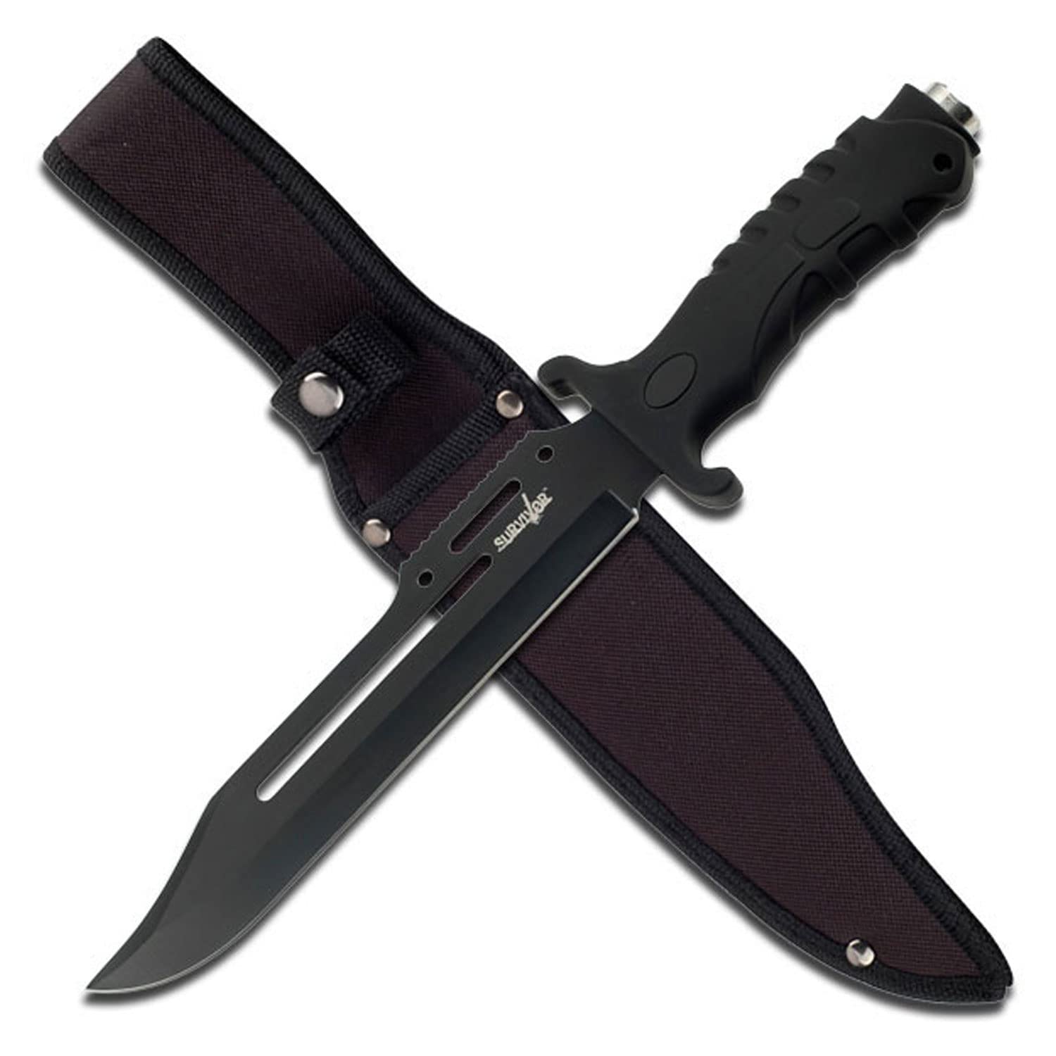 Survivor Outdoor HK-1036 Fixed Blade Hunting Knife - Black Straight Edge with Rubber Handle for Camping, Hiking & Survival Gear
