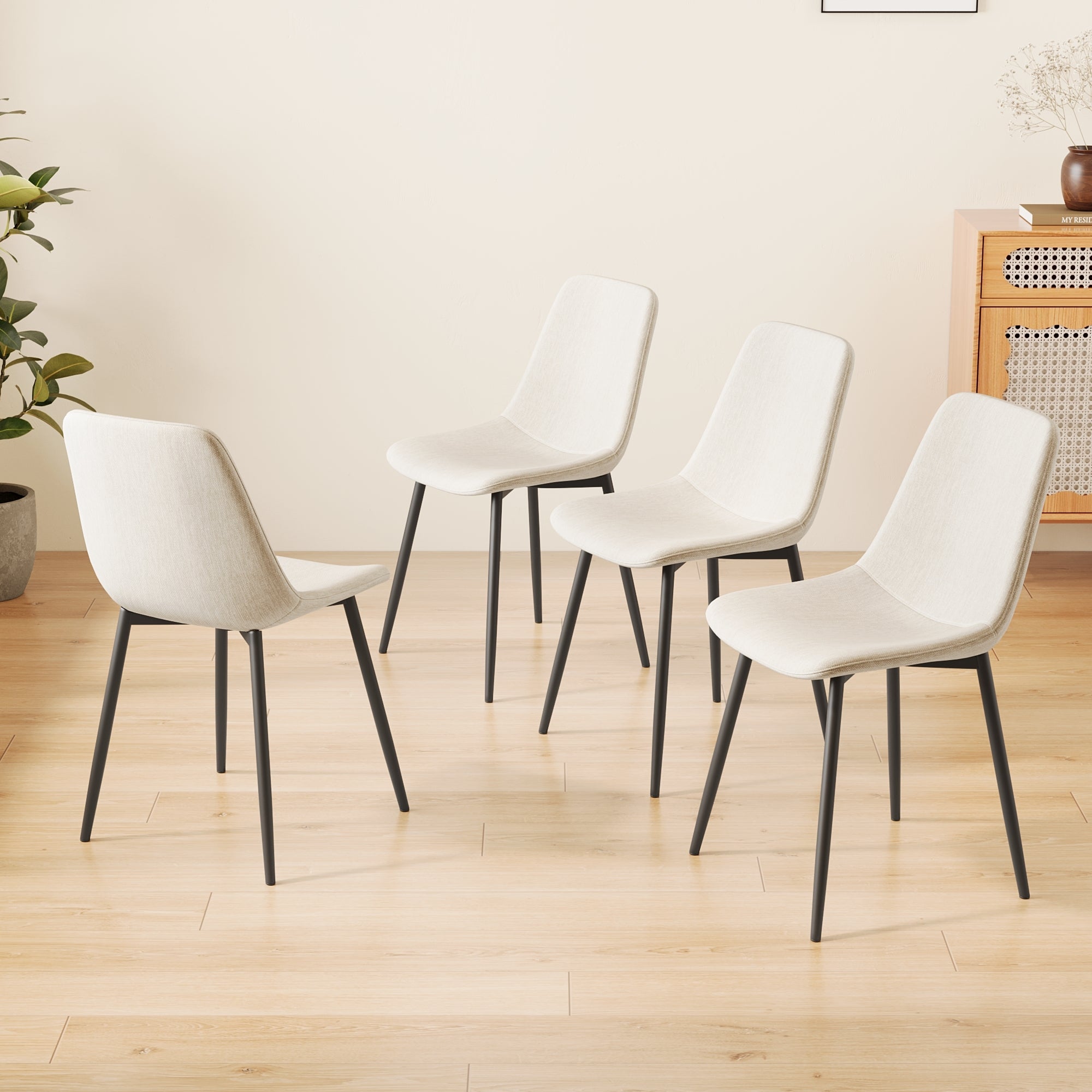 Modern Kitchen Dining Chairs Set of 4 - Linen Padded Seats with Sturdy Black Metal Legs (Beige) - Perfect for Home, Office, Restaurant & Cafe Use