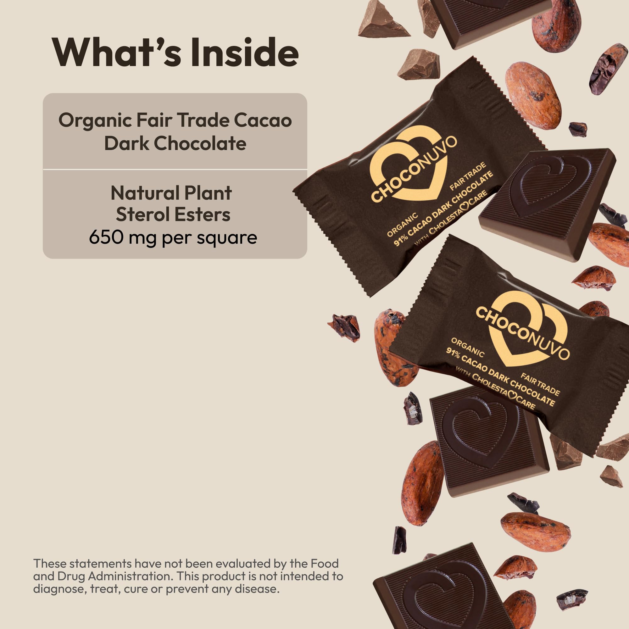 ANDREW LESSMAN ChocoNuvo 91% Cacao Extreme Dark Chocolate - 180 Organic Fair Trade Pieces with Plant Sterols for Healthy Cholesterol | Low Calorie (26kcal), Low Fat & Sugar | Perfect for Keto Diet, Healthy Snacking & Gift Giving
