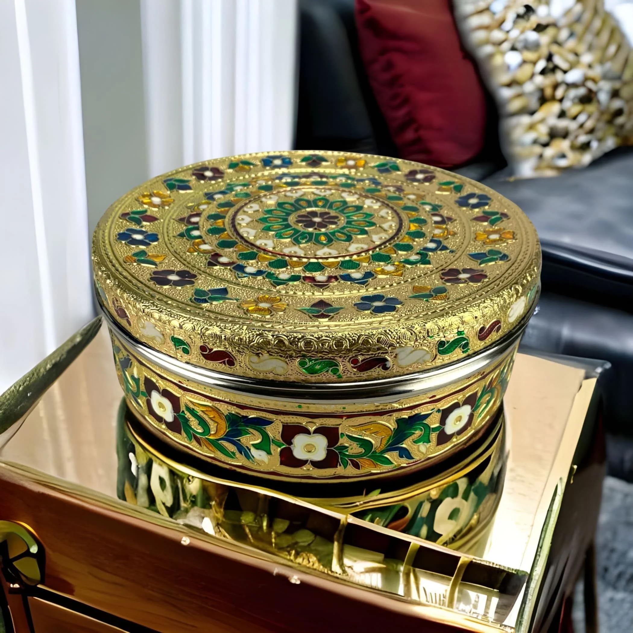 LoveNspire 7.5 Inch Stainless Steel Decorative Roti Papad Box - Meenakari Design Multipurpose Storage Container for Sweets, Spices, Laddus - Unique Gift for Guests - Perfect for Indian Kitchens, Weddings & Festive Celebrations