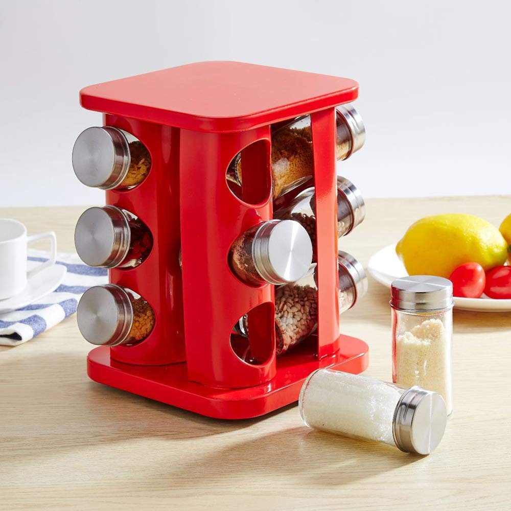 TINMIX 12-Jar Revolving Spice Rack Organizer - Stainless Steel Countertop Spice Tower with Refillable Glass Jars for Kitchen Cabinet Storage (Red) - Perfect for Cooking, Baking & Organizing Spices