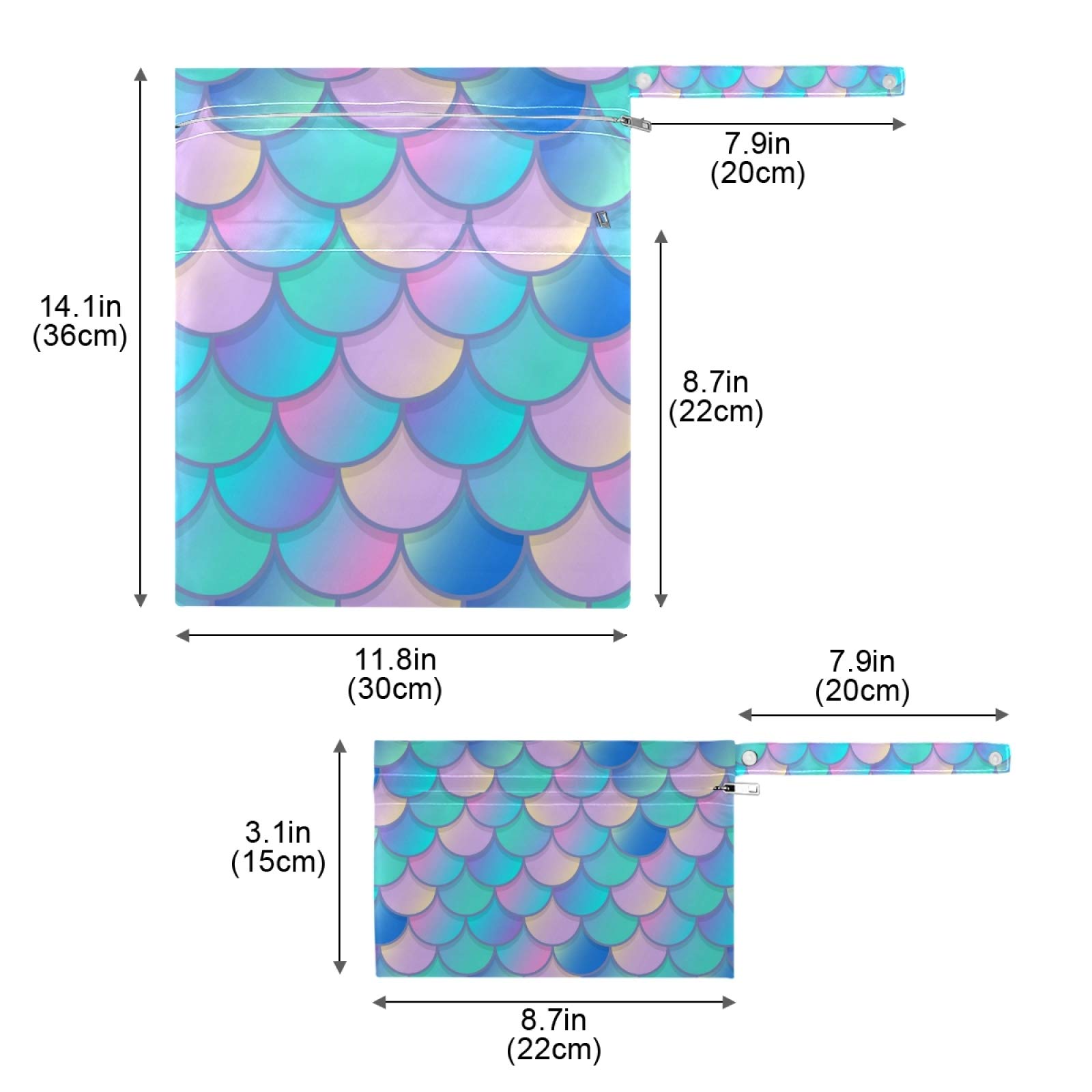 Qilmy 2-Pack Waterproof Reusable Wet Dry Bags - Mermaid Scale Design for Baby Diapers, Swimwear & Toiletries | Perfect for Travel, Beach, Pool, Stroller & Daycare Organization