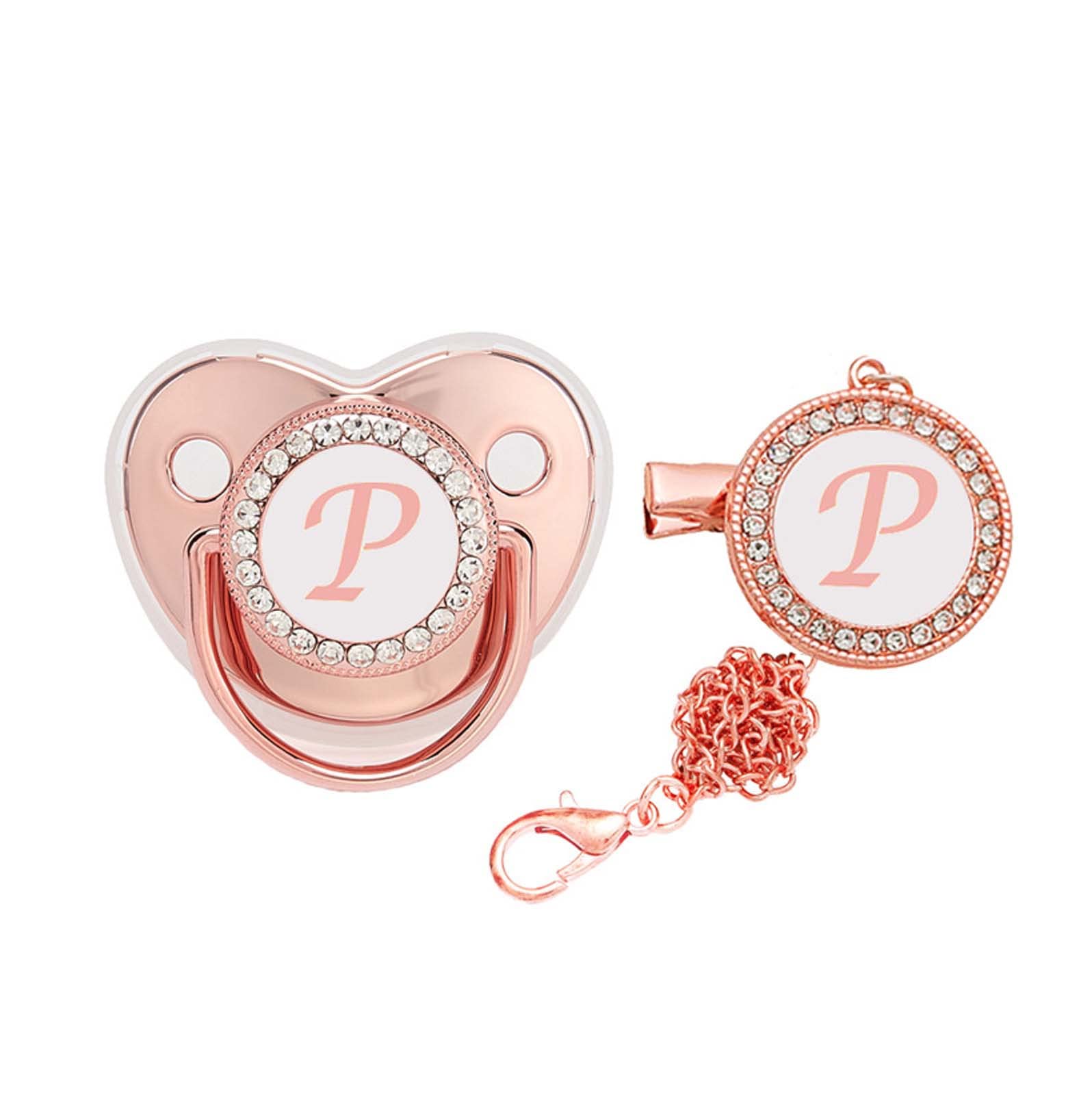 Personalized Baby Pacifier with Rhinestones & Metal Chain - Kimanli 26 Letter Initials, Shiny Pink Pacifier Clip for Weaning, Luxurious Blingbling Design - Perfect for Newborns, Baby Showers & Photo Props