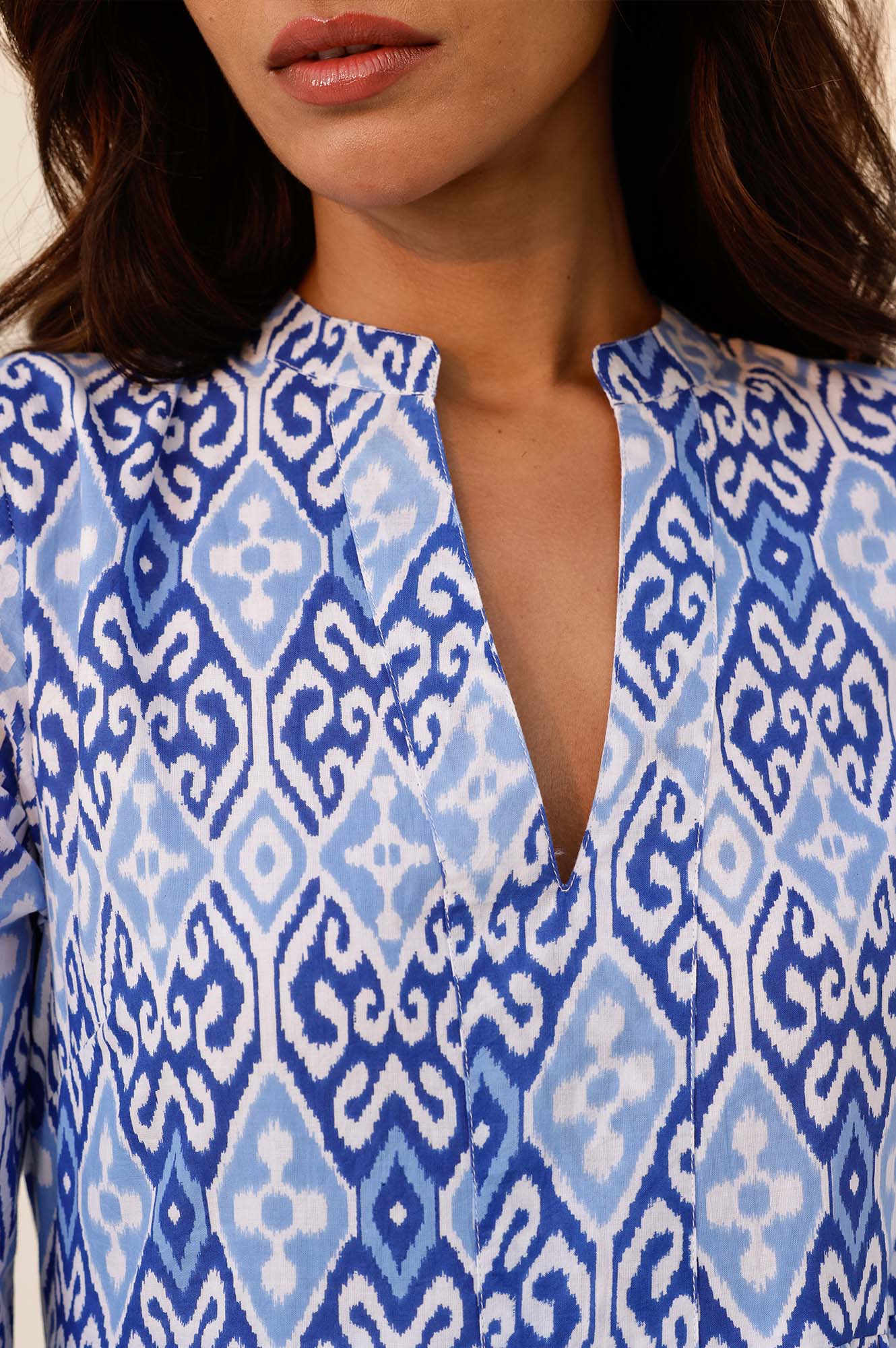 Mara Organic Cotton Dress - Ikat Print in White & Blue | Boho Chic Summer Dress for Beach, Vacation & Casual Outings