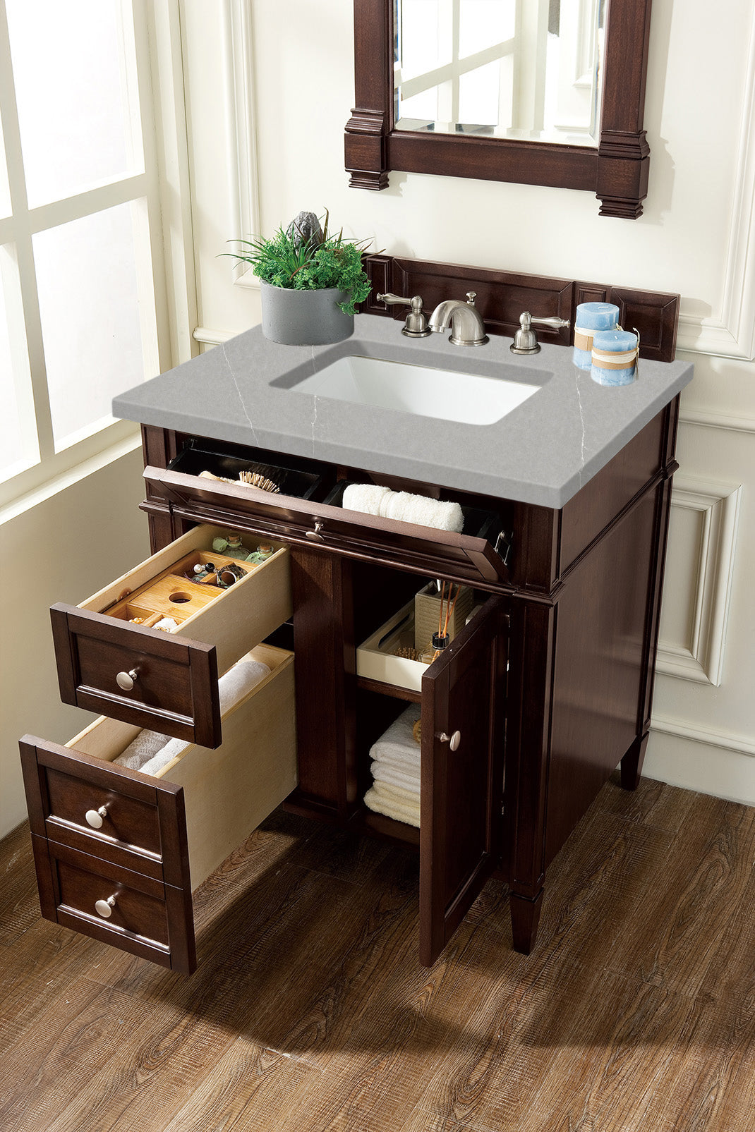 Brittany 30-Inch Single Bathroom Vanity with Burnished Mahogany Finish & 3CM Eternal Serena Quartz Countertop - Perfect for Small Bathrooms & Powder Rooms