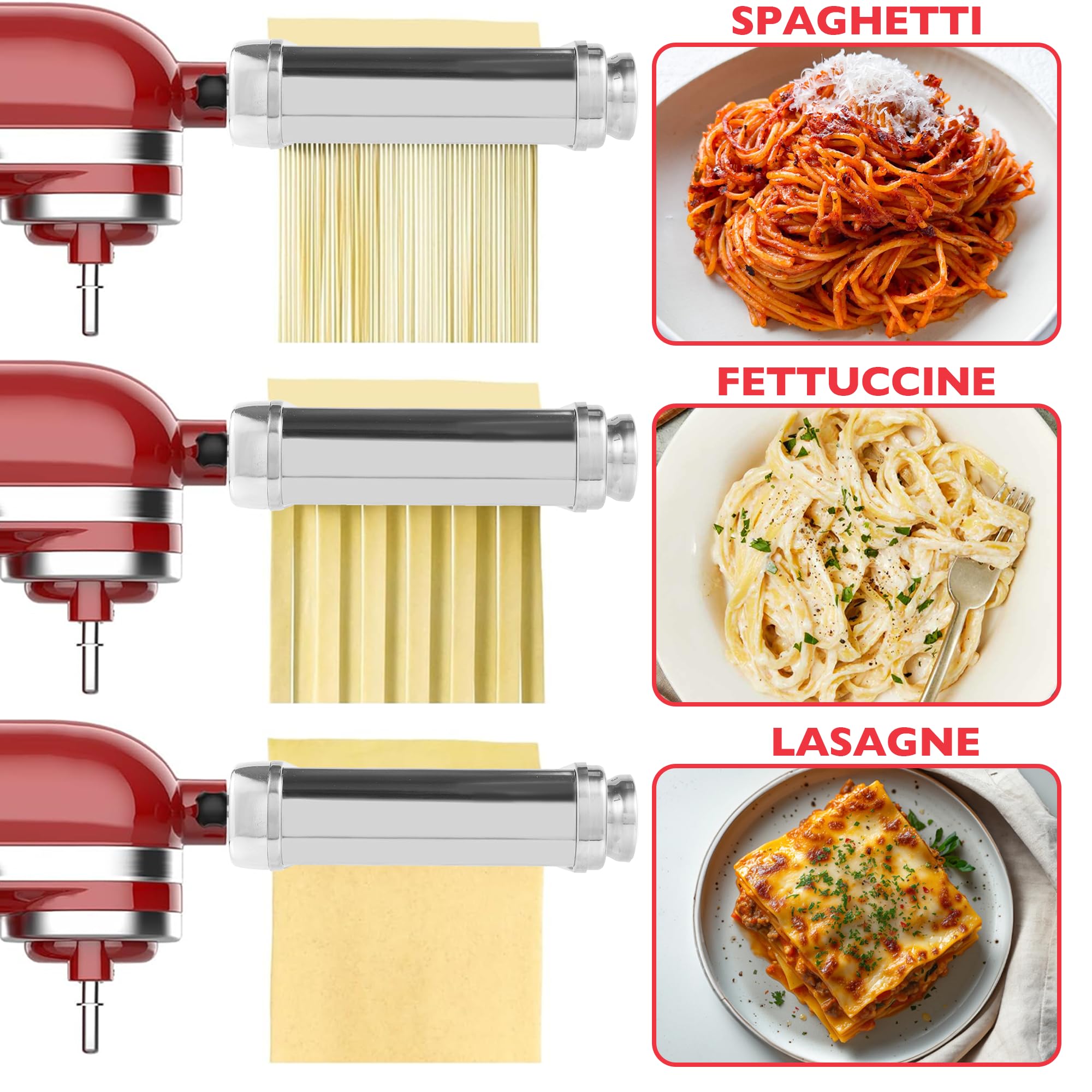 Premium Stainless Steel 3-in-1 Pasta Maker Attachment for KitchenAid Stand Mixer - Includes Pasta Sheet Roller, Spaghetti & Fettucine Cutter - Heavy Duty Durable Pasta Press for Homemade Italian Pasta, Perfect for Family Dinners & Restaurant-Style Meals
