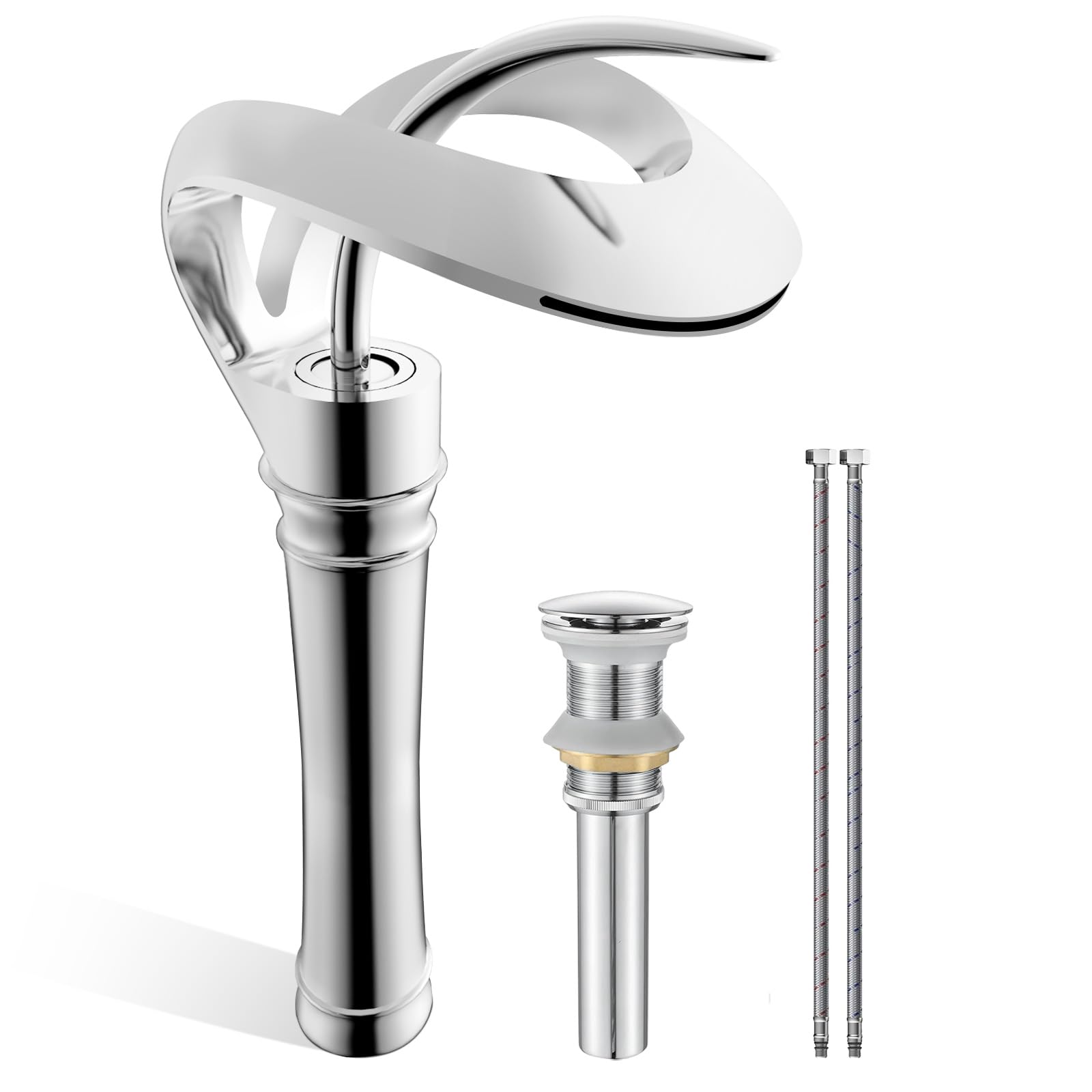 AUU Elegant Single Hole Waterfall Bathroom Sink Faucet - Solid Brass Tall Vessel Faucet with Pop Up Drain & Supply Line - Chrome Finish for Modern Bathroom & Powder Room Decor