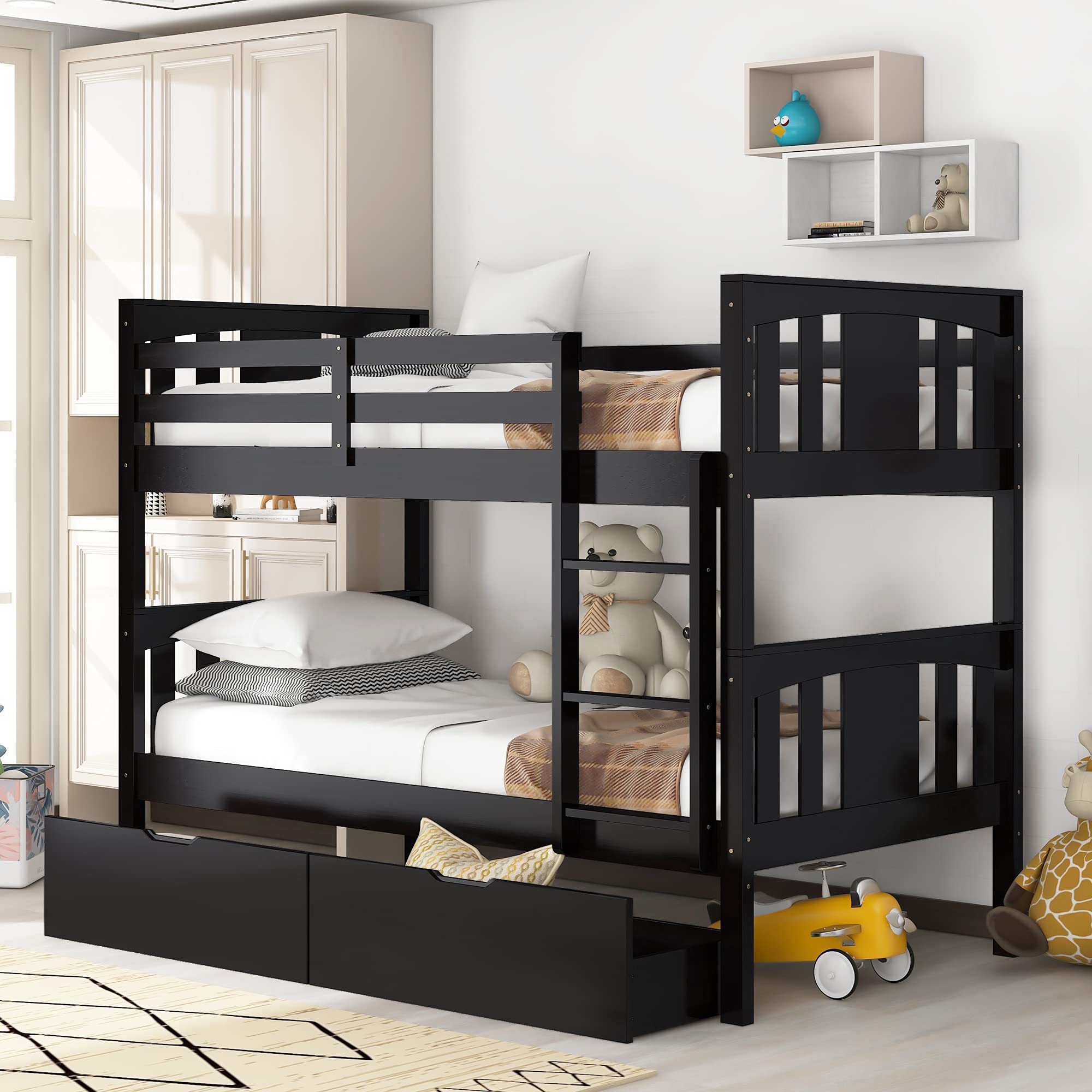 Wooden Twin Over Twin Bunk Bed with Storage Drawers - Stackable Kids Bunk Bed Frame with Full-Length Guard Rails & Ladder, No Box Spring Needed, Espresso Finish - Perfect for Small Bedrooms, Guest Rooms & Kids' Shared Spaces