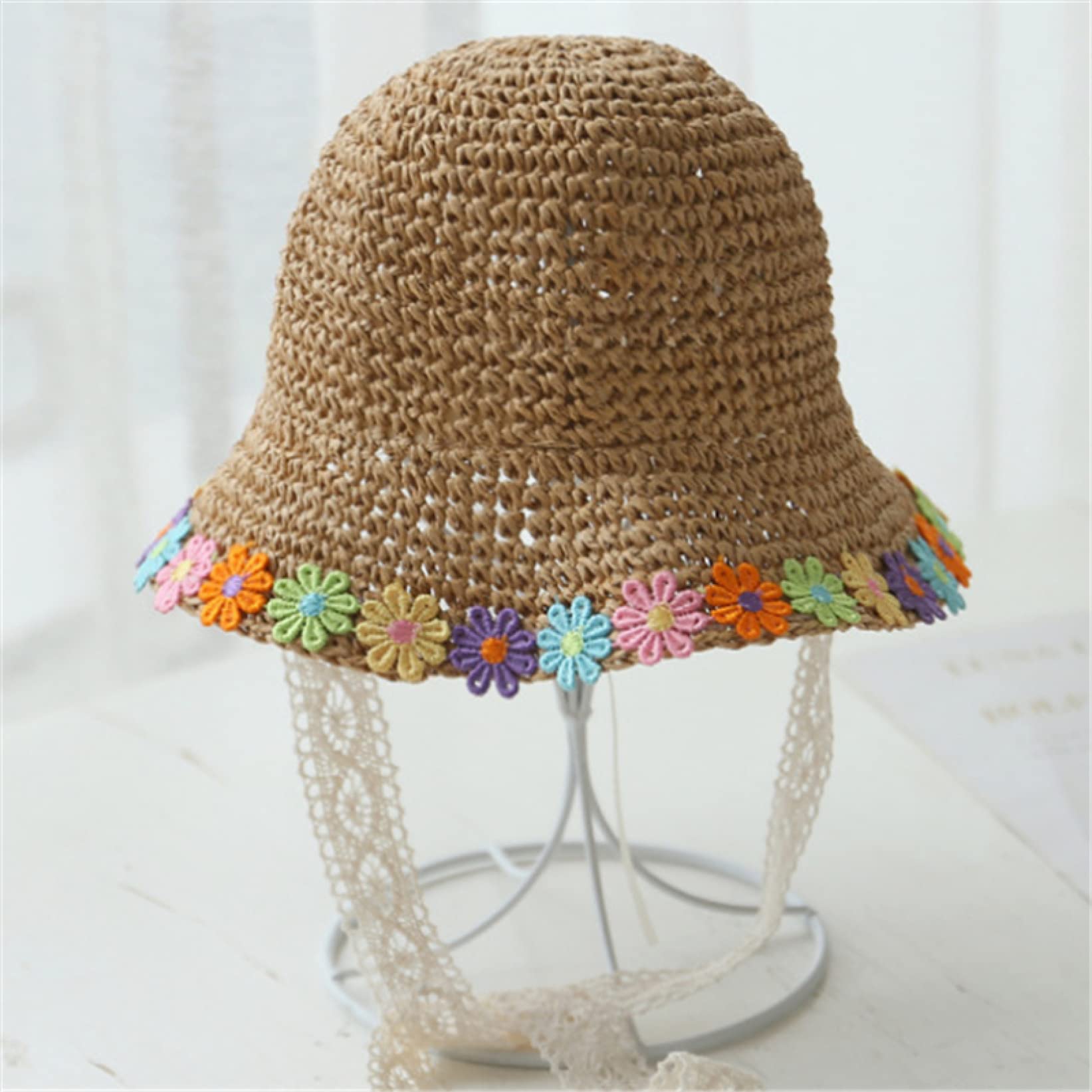 Kids Straw Bucket Hats with Lace Chin Strap & Floral Design - Breathable Wide Brim Summer Beach Hat for Sun Protection - Perfect for Outdoor Play, Vacations, and Pool Parties