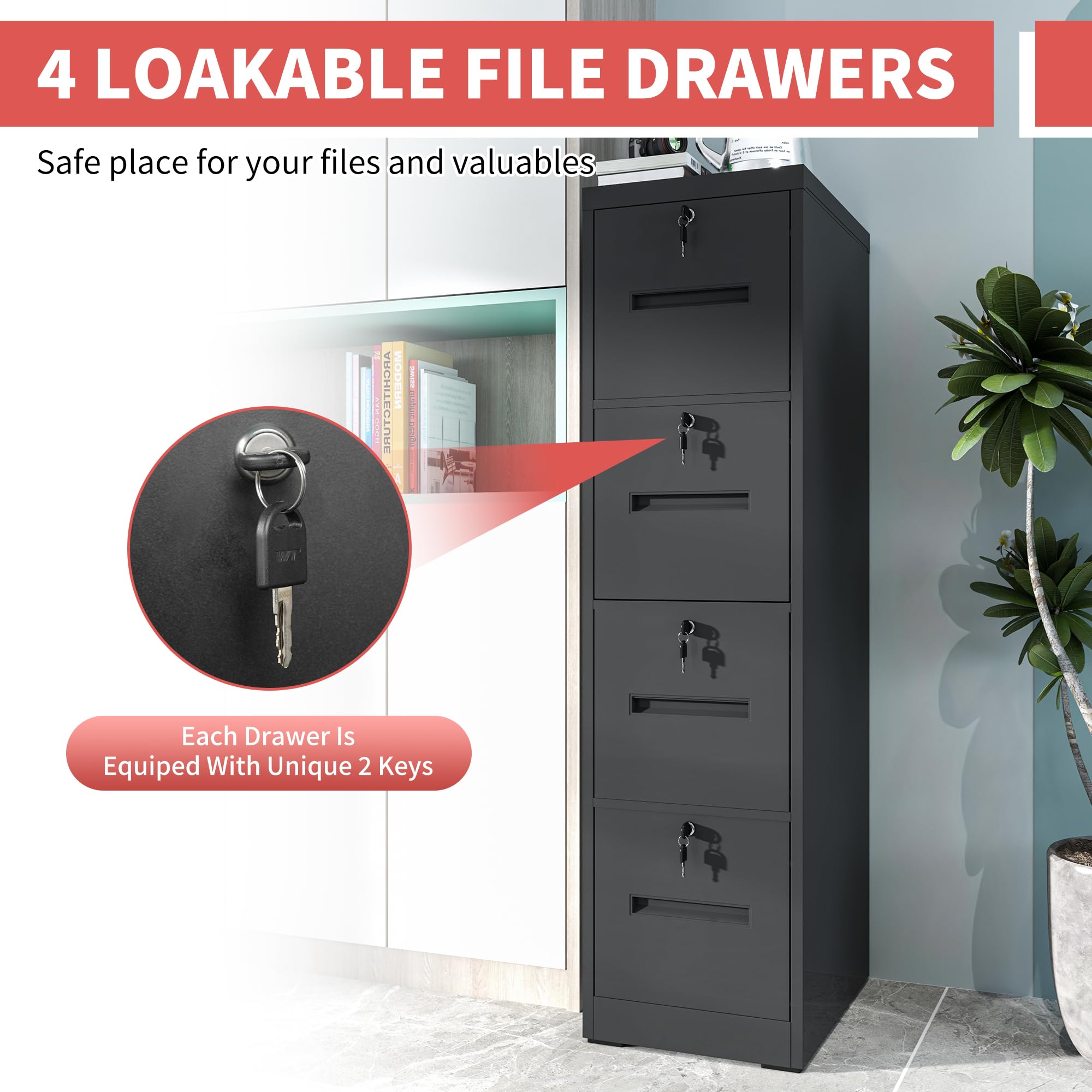 4-Drawer Vertical File Cabinet with Lockable Drawers - Heavy Duty Black Metal Filing Cabinet for Home Office - Organize A4/Letter/Legal Size Documents - Perfect for Office Storage & Document Security (Assembly Required)