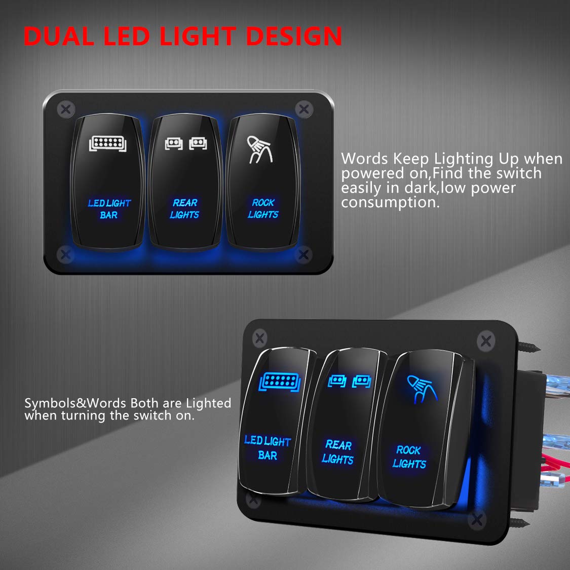 DaierTek 12V LED Light Bar Switch Panel - 3 Gang Rocker Toggle Switch for Trucks, Cars, RZR, Jeep, RV, Marine & Boats | Waterproof 12 Volt Blue Switch Panel | Perfect for Off-Roading, Camping & Marine Applications